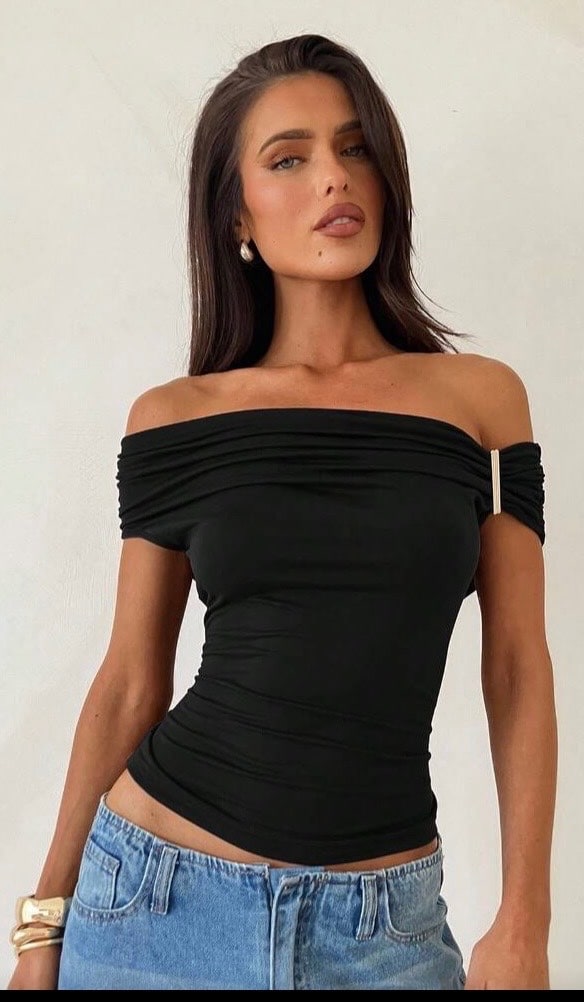 Aloruh Top T-shirt en tricot à épaule asymétrique, Hauts noirs, Top de sortie, Top élégant pour femmes, Hauts d'été, Top à col asymétrique