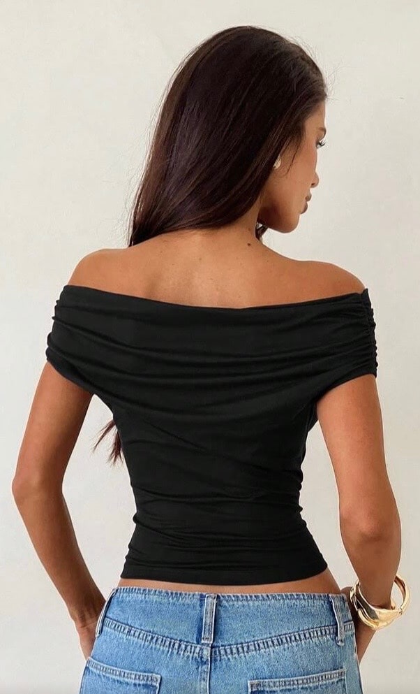 Aloruh Top T-shirt en tricot à épaule asymétrique, Hauts noirs, Top de sortie, Top élégant pour femmes, Hauts d'été, Top à col asymétrique — vue 2
