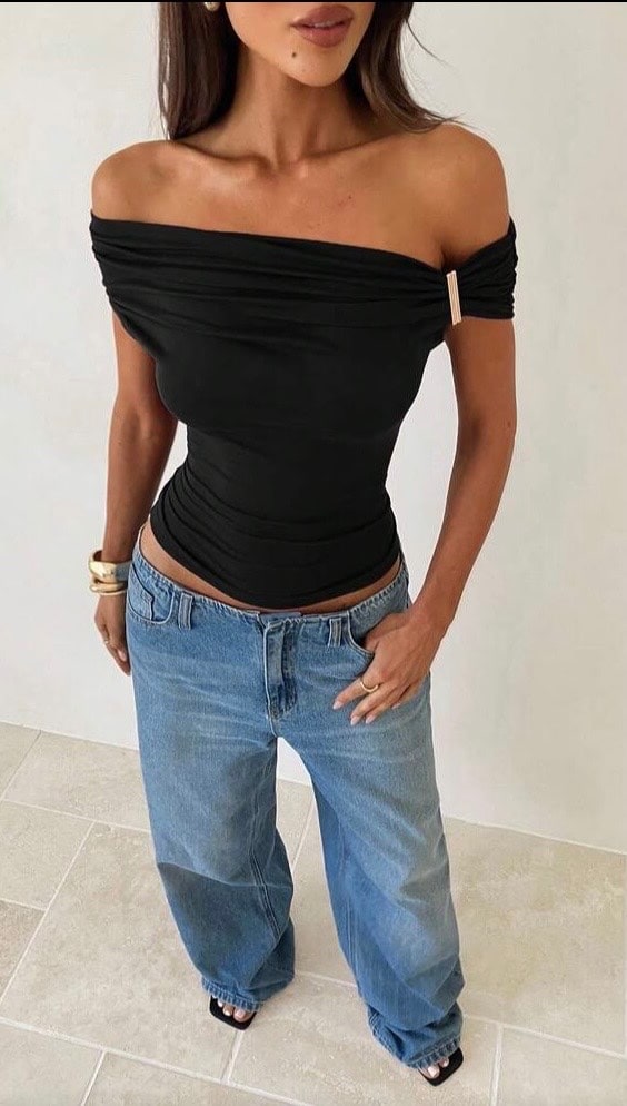 Aloruh Top T-shirt en tricot à épaule asymétrique, Hauts noirs, Top de sortie, Top élégant pour femmes, Hauts d'été, Top à col asymétrique — vue 5
