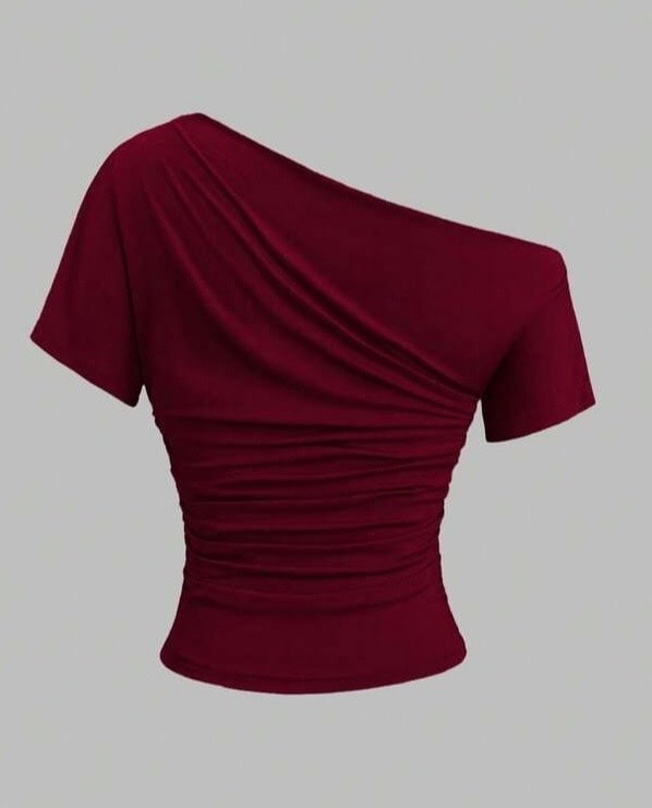 Sweetra Nouveau T-shirt décontracté printemps/été pour femmes, style à la mode de la haute rue, épaule asymétrique, coupe slim, polyvalent et confortable — vue 2