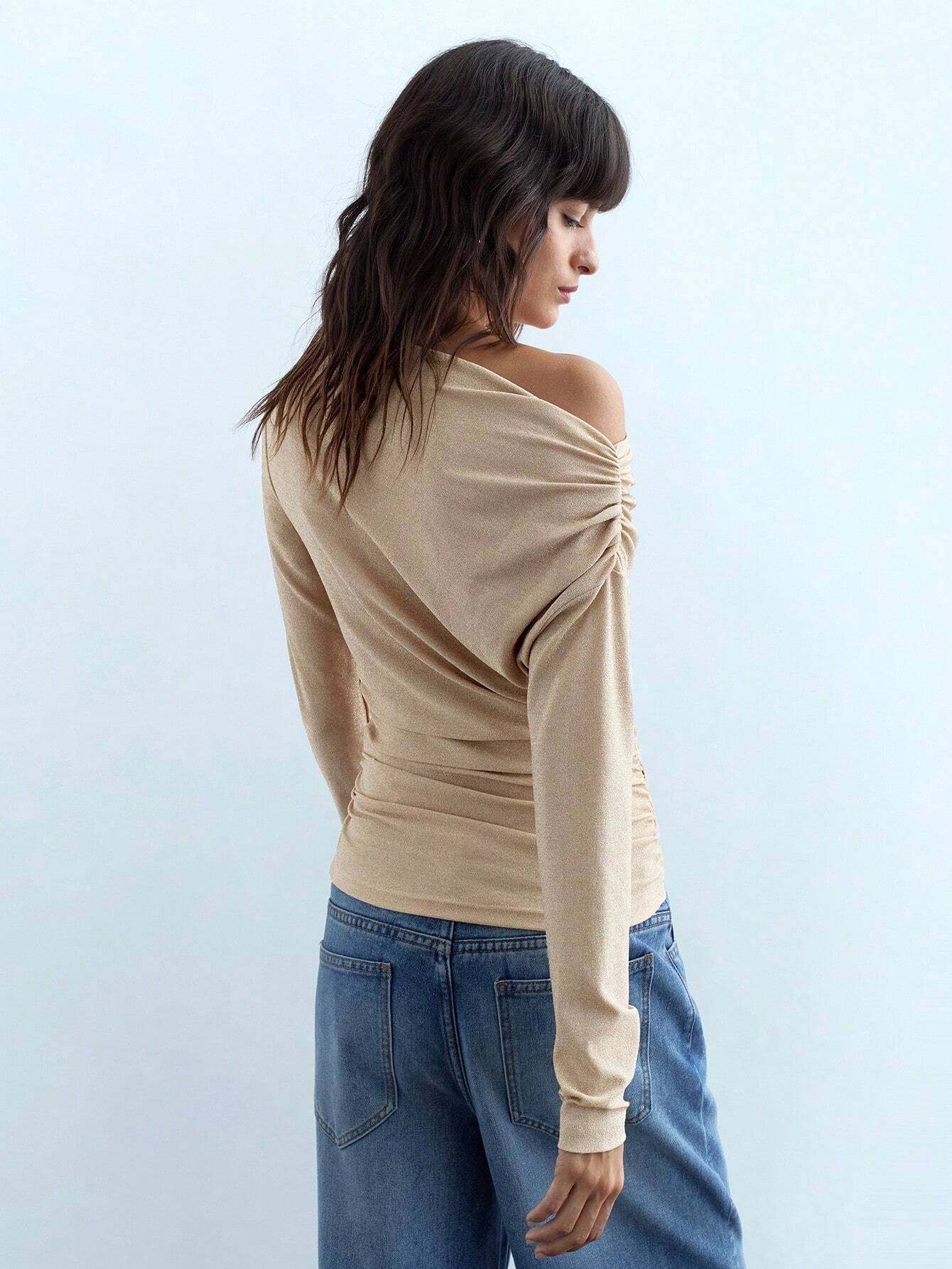 Maija Femmes Printemps Été Couleur Unie Col Asymétrique Manche Longue Volant T-Shirt Slim Top Top