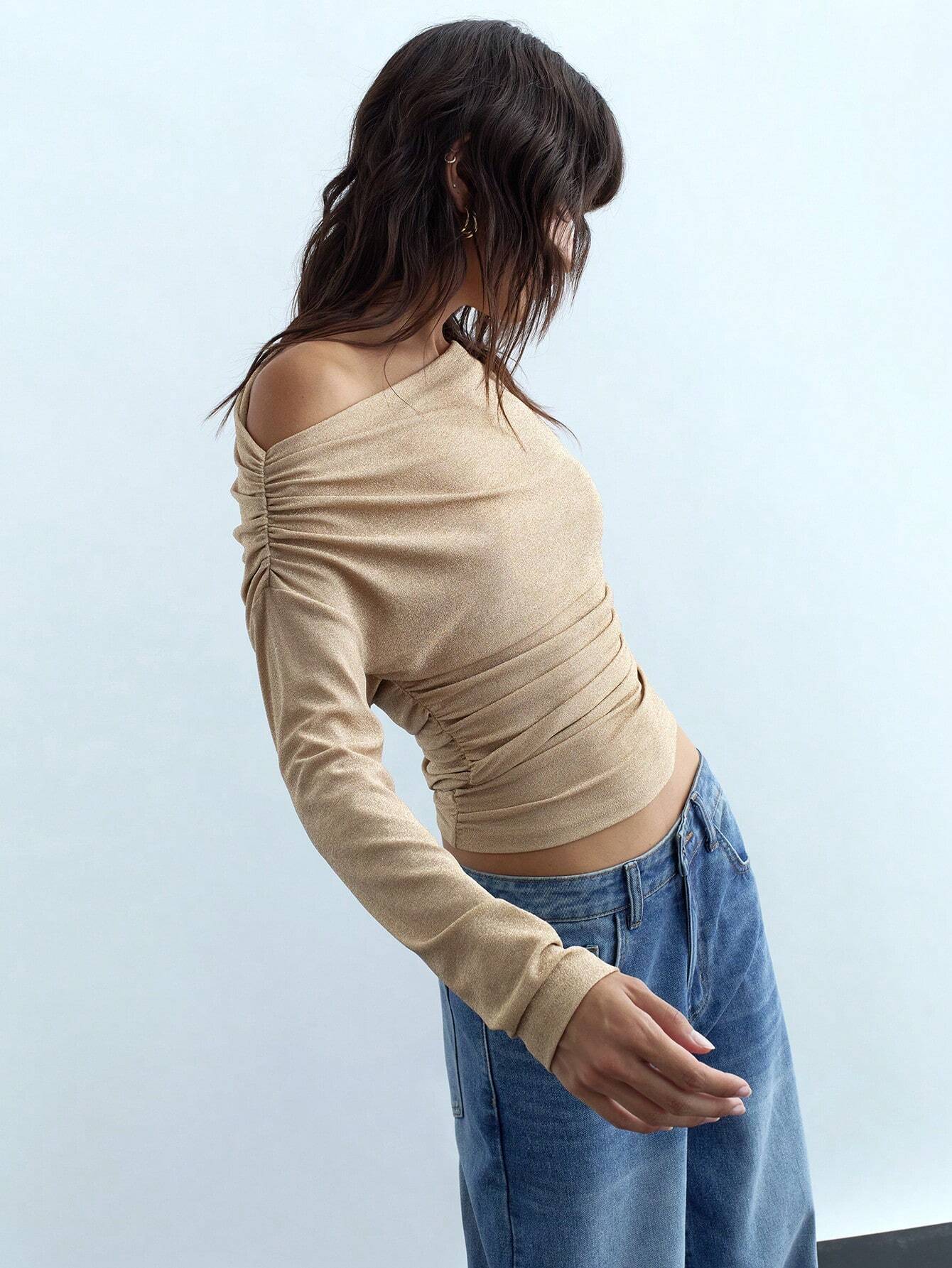 Maija Femmes Printemps Été Couleur Unie Col Asymétrique Manche Longue Volant T-Shirt Slim Top Top — vue 3