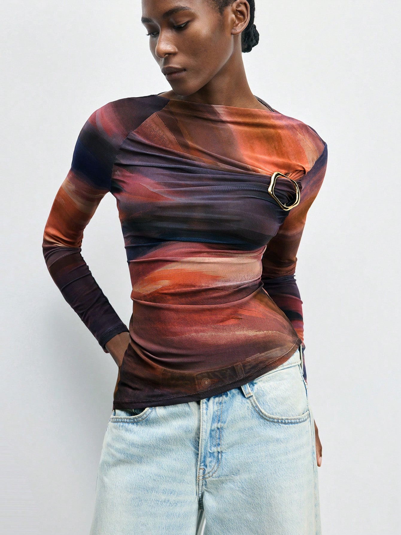 Maija Top ajusté asymétrique à imprimé tie-dye métallique décoratif pour femmes, hauts à manches longues pour femmes