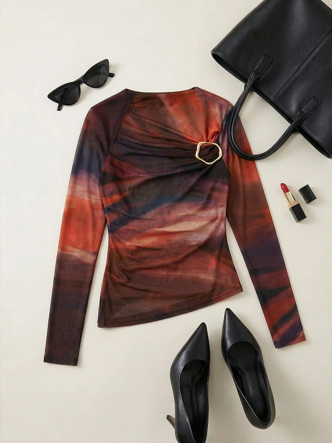 Maija Top ajusté asymétrique à imprimé tie-dye métallique décoratif pour femmes, hauts à manches longues pour femmes — vue 2