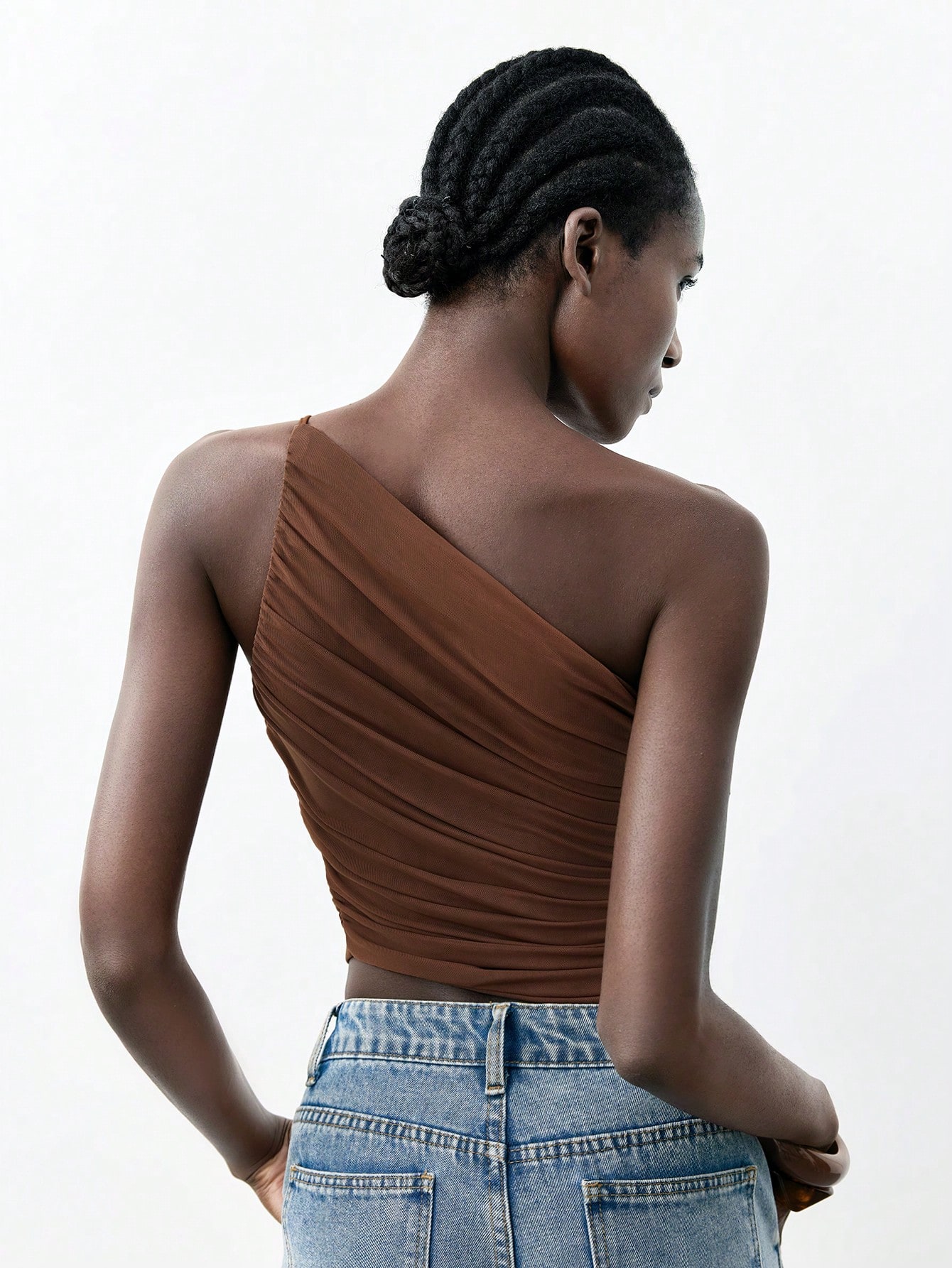 Maija Top femme printemps/été marron café, coupe asymétrique — vue 2