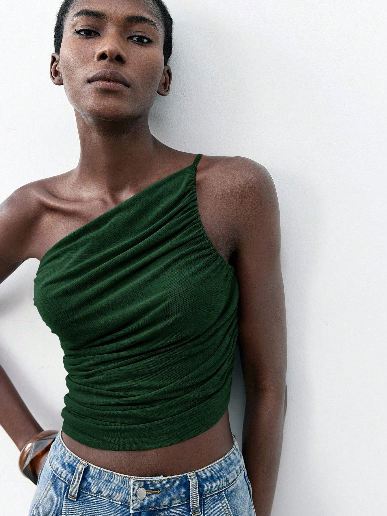 Maija Top femme printemps/été marron café, coupe asymétrique — vue 8