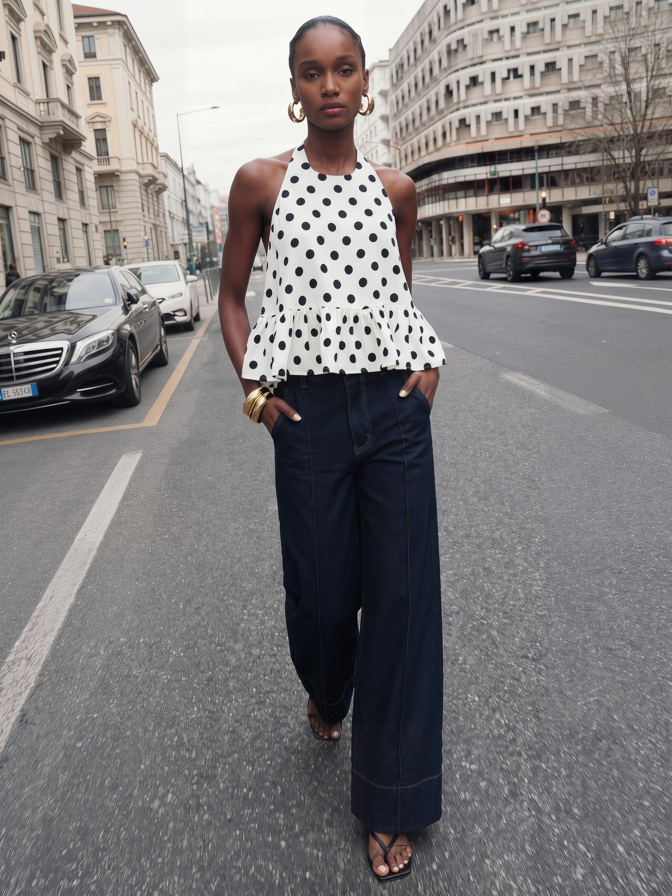 Maija Blouse d'été pour femmes à col ras-du-cou, dos nu, ourlet à volants, fond blanc — vue 2