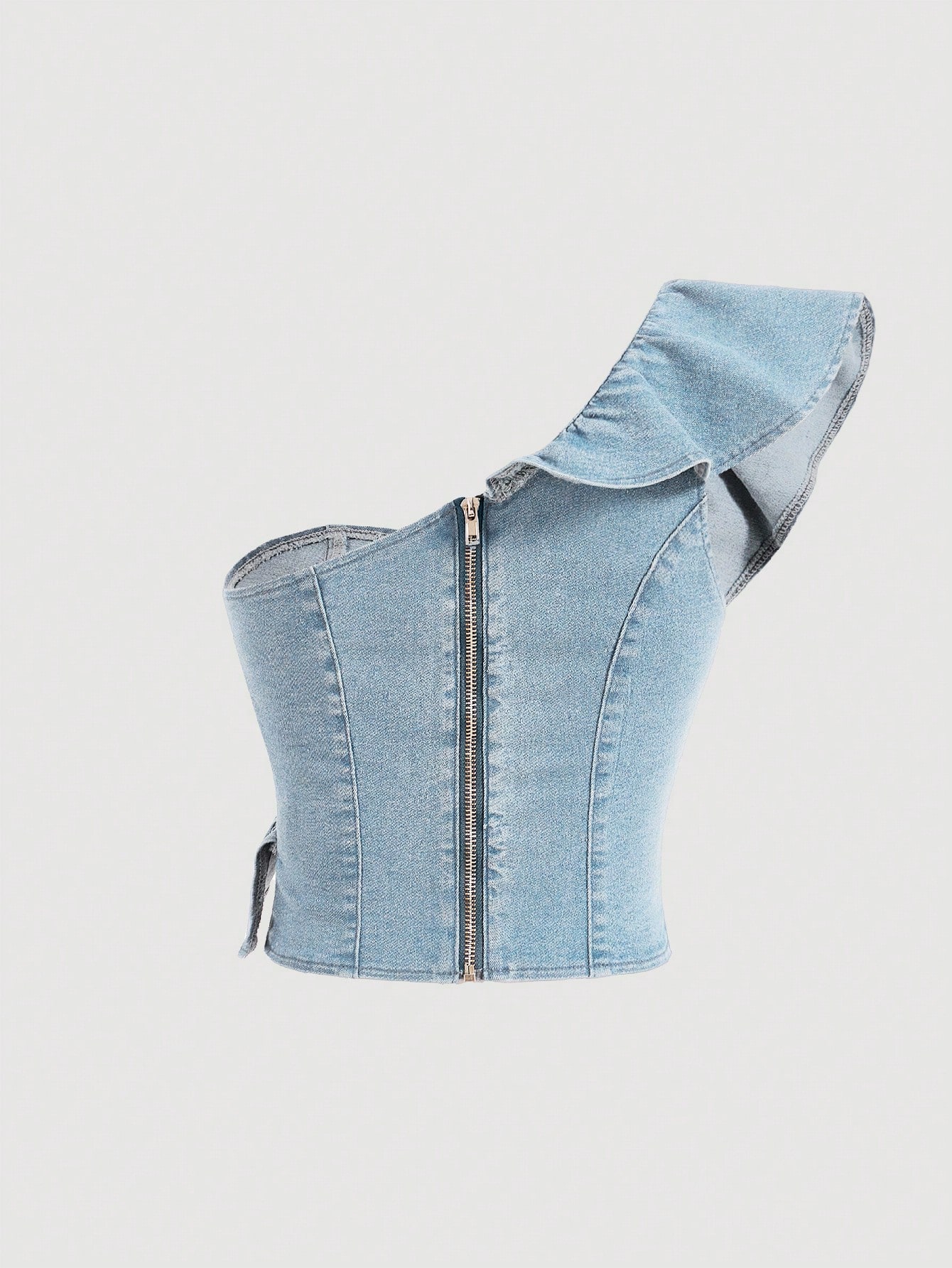 SHEIN MOD Top décontracté simple en denim à volants aux épaules pour femmes — vue 2
