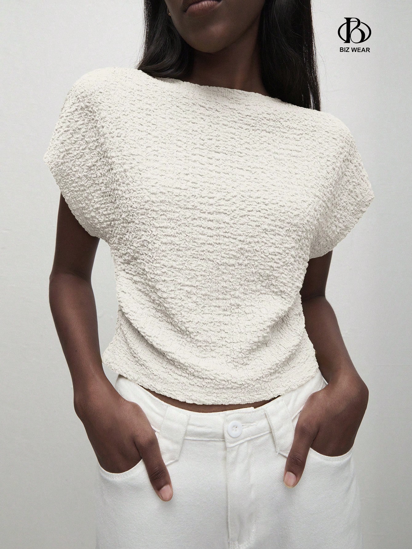 BizChic Top blanc pour femme de printemps avec manches épaules, col rond