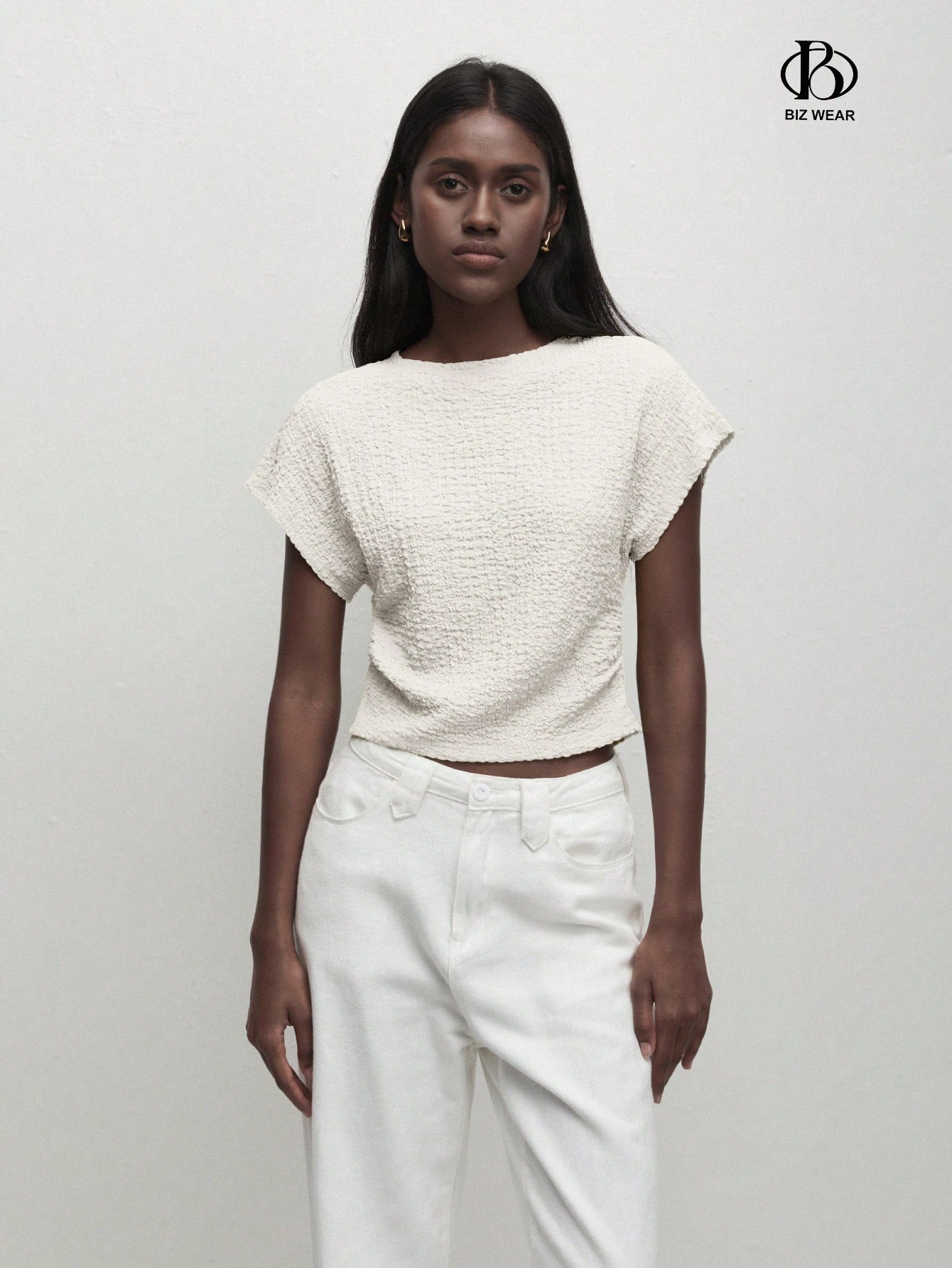 BizChic Top blanc pour femme de printemps avec manches épaules, col rond — vue 2