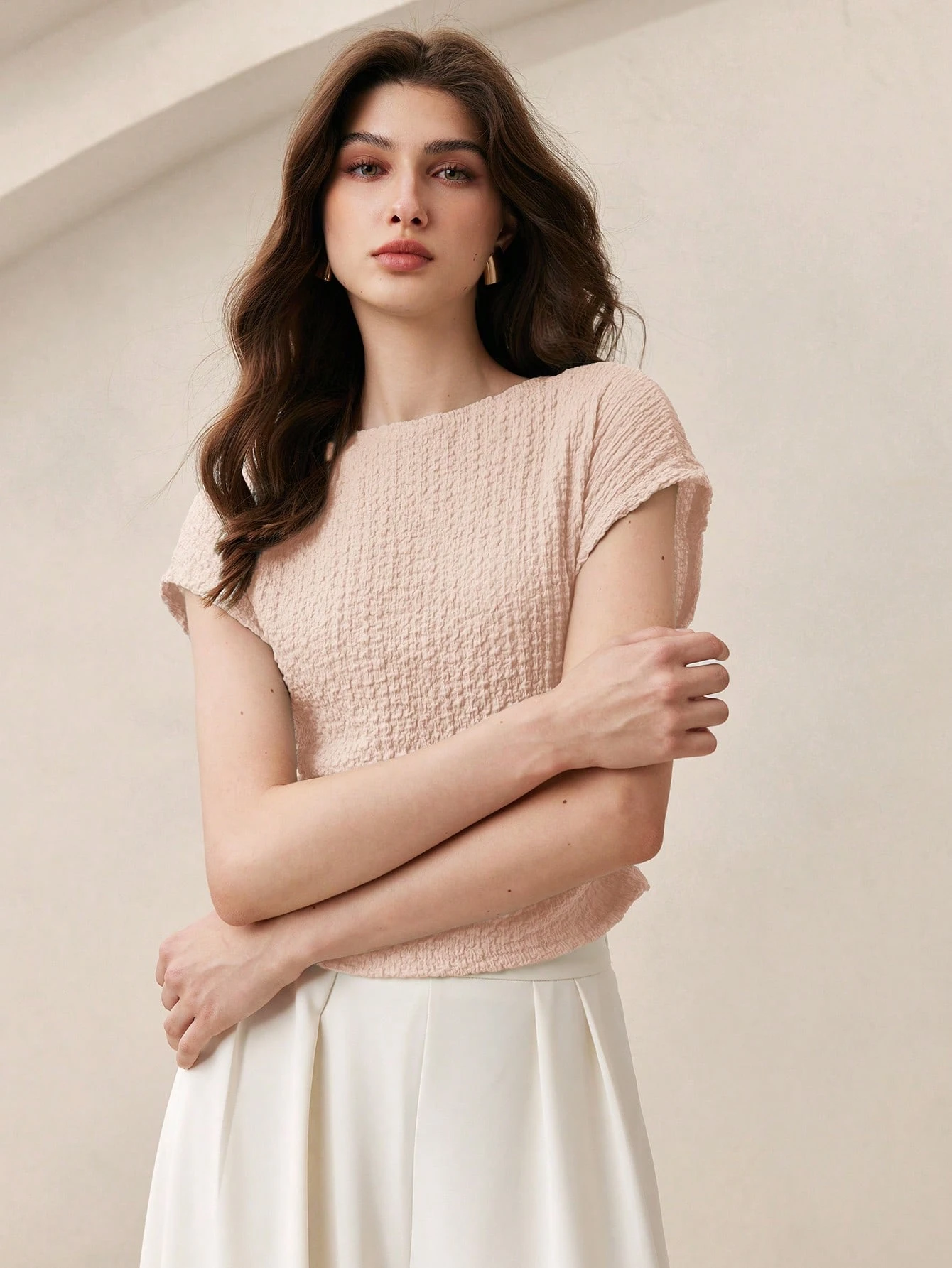 BizChic Top blanc pour femme de printemps avec manches épaules, col rond — vue 4
