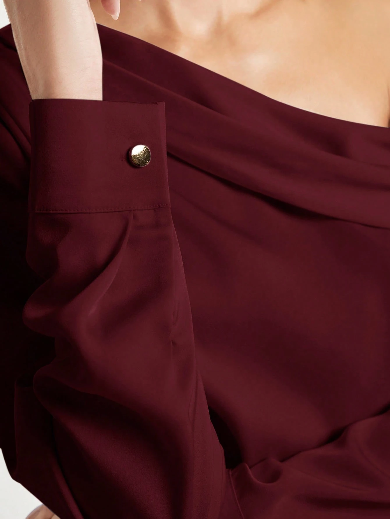BizChic Blouse en satin plissée drapée à design asymétrique pour femmes, bleu poussiéreux, élégante pour l'été et le bureau, manches longues amples, style minimaliste business décontracté — vue 2