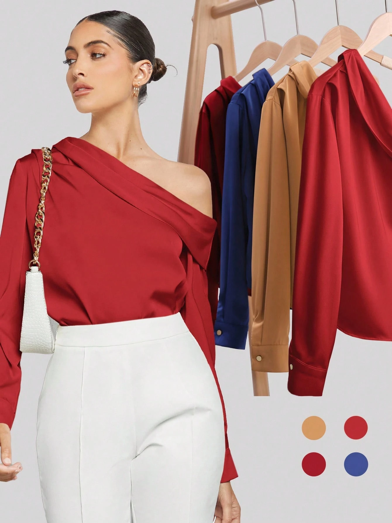 BizChic Blouse en satin plissée drapée à design asymétrique pour femmes, bleu poussiéreux, élégante pour l'été et le bureau, manches longues amples, style minimaliste business décontracté — vue 3