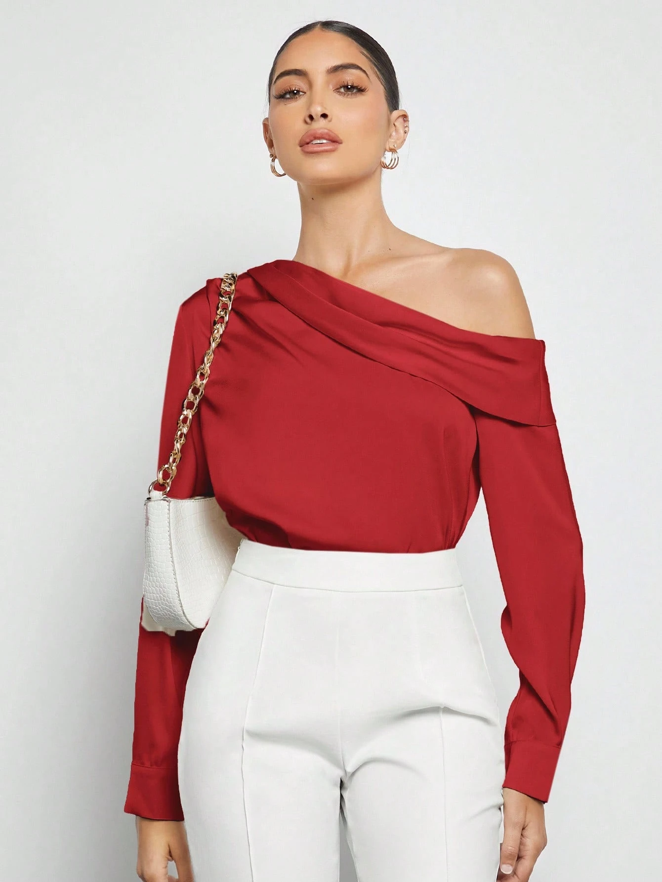 BizChic Blouse en satin plissée drapée à design asymétrique pour femmes, bleu poussiéreux, élégante pour l'été et le bureau, manches longues amples, style minimaliste business décontracté — vue 4