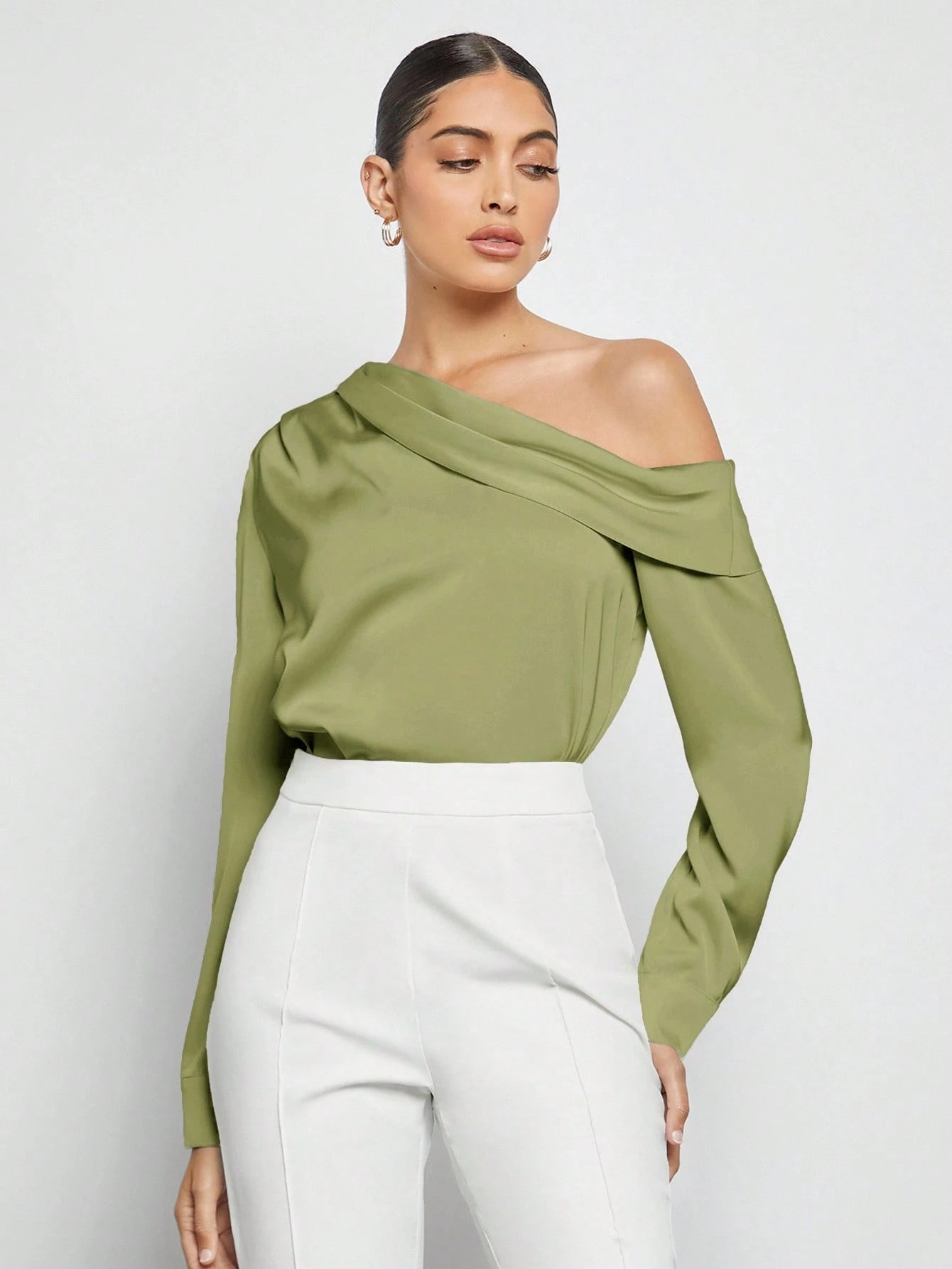 BizChic Blouse en satin plissée drapée à design asymétrique pour femmes, bleu poussiéreux, élégante pour l'été et le bureau, manches longues amples, style minimaliste business décontracté — vue 6