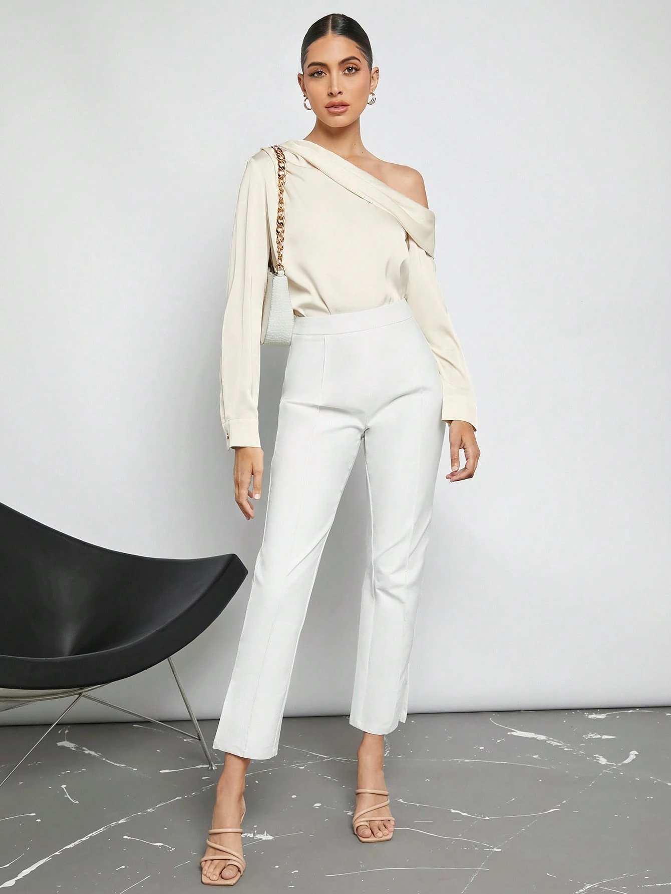 BizChic Blouse en satin plissée drapée à design asymétrique pour femmes, bleu poussiéreux, élégante pour l'été et le bureau, manches longues amples, style minimaliste business décontracté — vue 8