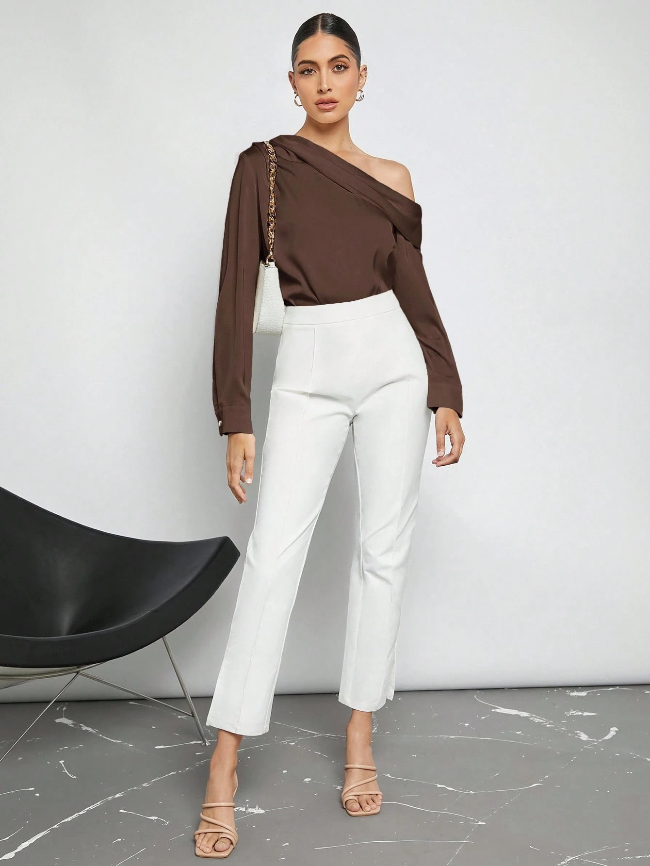 BizChic Blouse en satin plissée drapée à design asymétrique pour femmes, bleu poussiéreux, élégante pour l'été et le bureau, manches longues amples, style minimaliste business décontracté — vue 9
