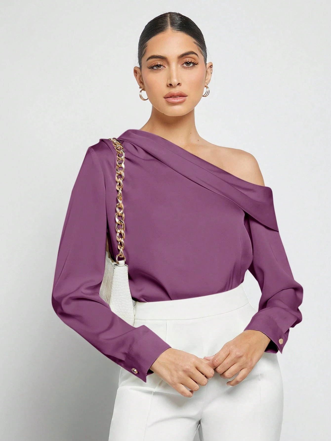 BizChic Blouse en satin plissée drapée à design asymétrique pour femmes, bleu poussiéreux, élégante pour l'été et le bureau, manches longues amples, style minimaliste business décontracté — vue 12