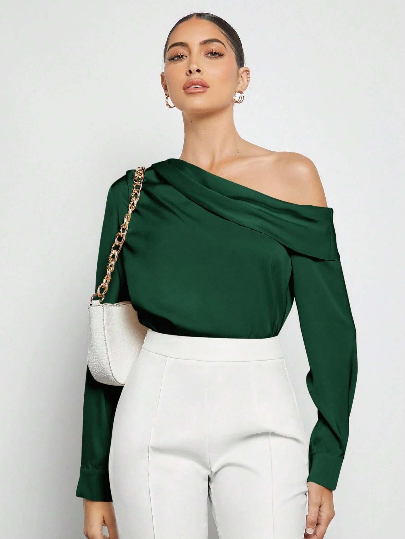 BizChic Blouse en satin plissée drapée à design asymétrique pour femmes, bleu poussiéreux, élégante pour l'été et le bureau, manches longues amples, style minimaliste business décontracté — vue 13