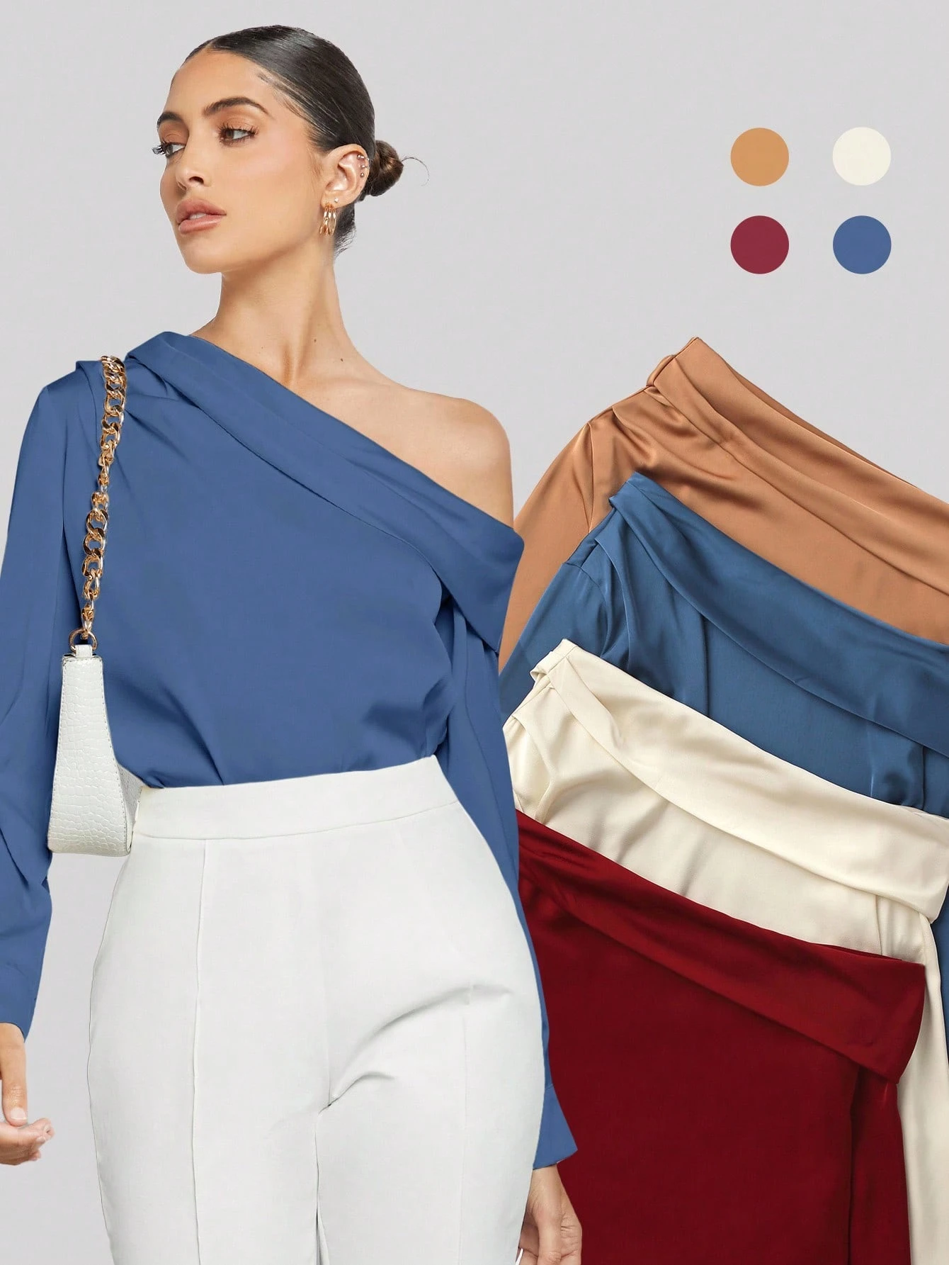 BizChic Blouse en satin plissée drapée à design asymétrique pour femmes, bleu poussiéreux, élégante pour l'été et le bureau, manches longues amples, style minimaliste business décontracté — vue 18
