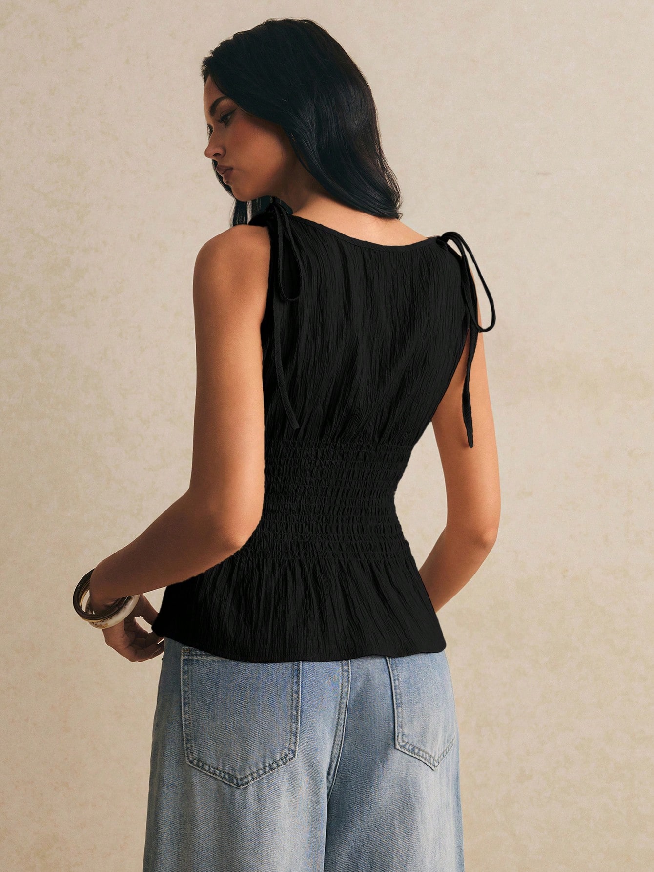 Poéselle Débardeur à carreaux rouge et blanc pour femmes,Top peplum vintage d'été à carreaux pour pique-nique,Col carré, Nœud aux épaules, Taille froncée, Ourlet volanté, Style bohème babydoll — vue 2