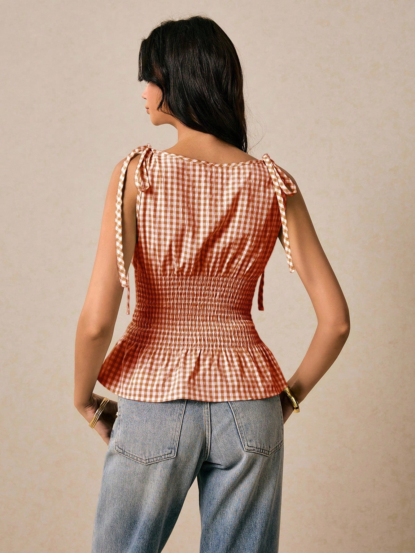 Poéselle Débardeur à carreaux rouge et blanc pour femmes,Top peplum vintage d'été à carreaux pour pique-nique,Col carré, Nœud aux épaules, Taille froncée, Ourlet volanté, Style bohème babydoll — vue 15