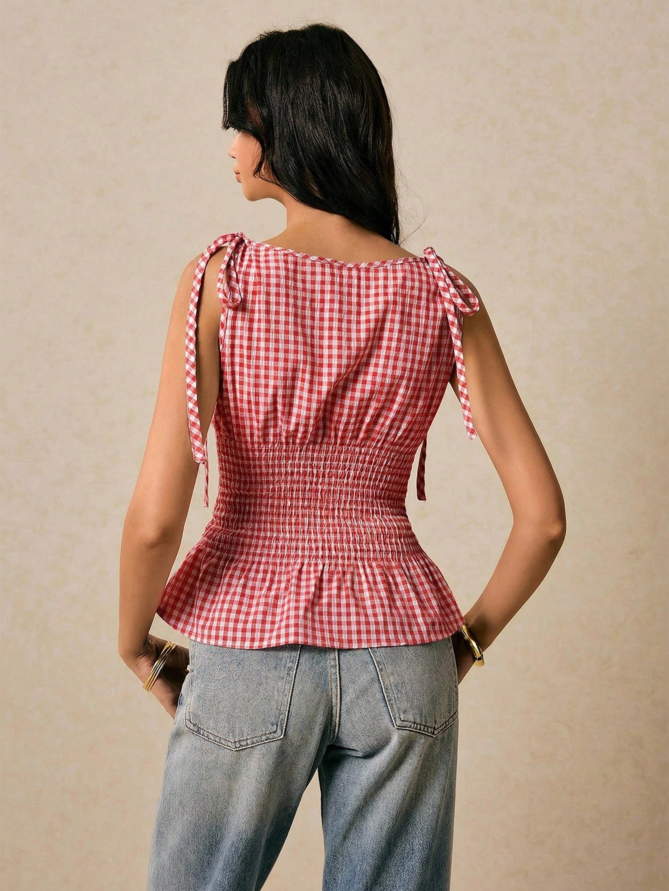 Poéselle Débardeur à carreaux rouge et blanc pour femmes,Top peplum vintage d'été à carreaux pour pique-nique,Col carré, Nœud aux épaules, Taille froncée, Ourlet volanté, Style bohème babydoll — vue 20