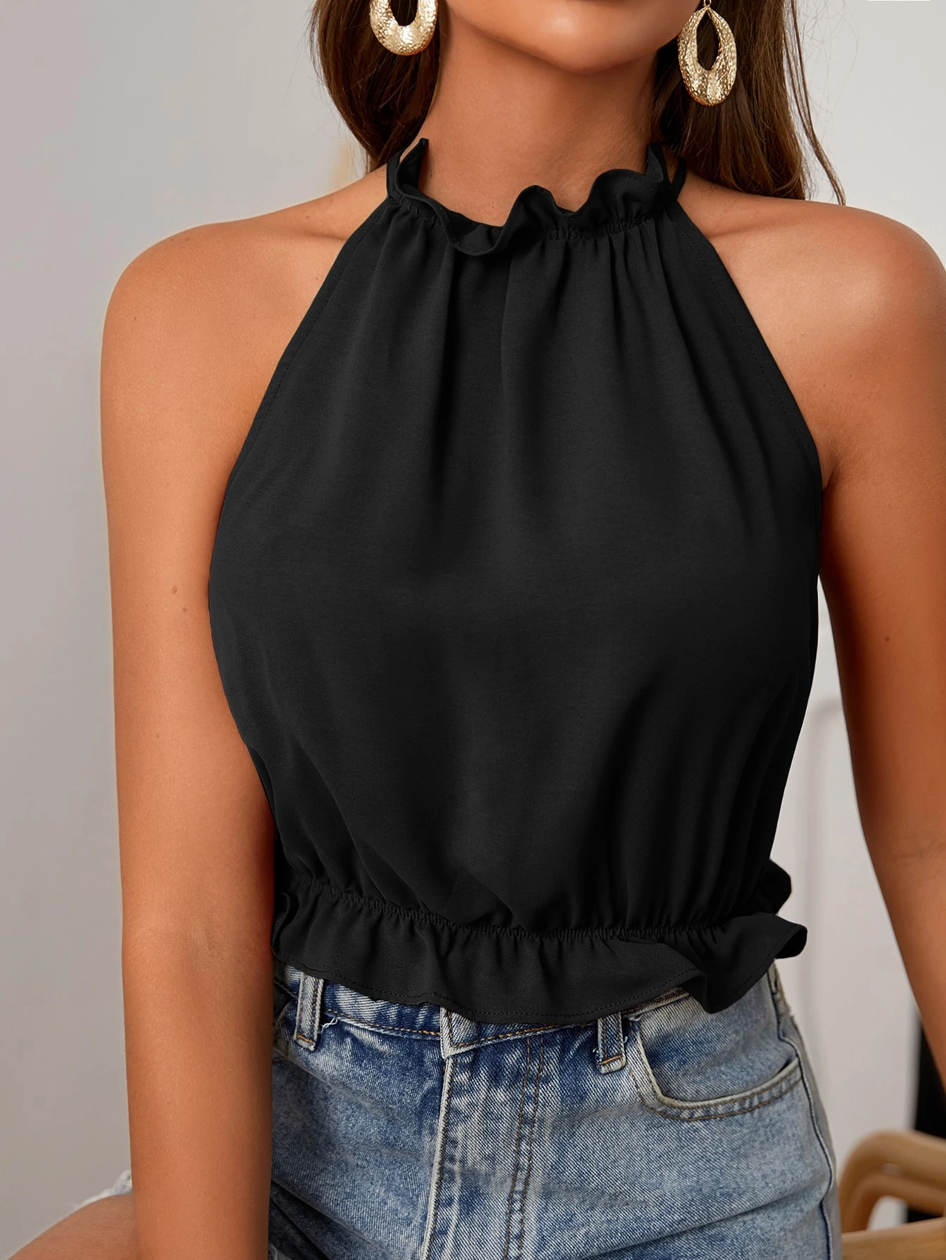 Poéselle Débardeur casual polyvalent à col volant de couleur unie pour femmes