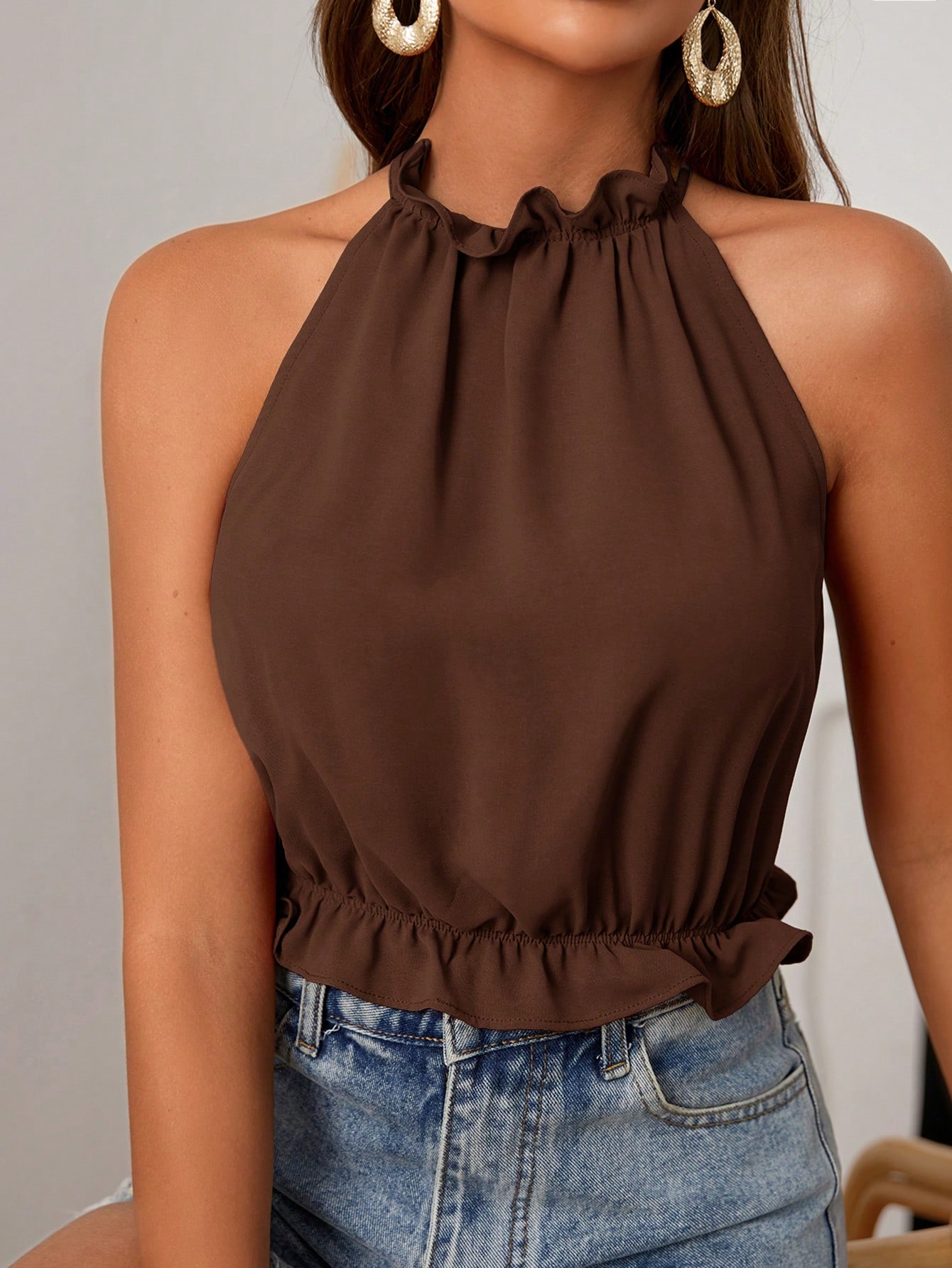 Poéselle Débardeur casual polyvalent à col volant de couleur unie pour femmes — vue 8