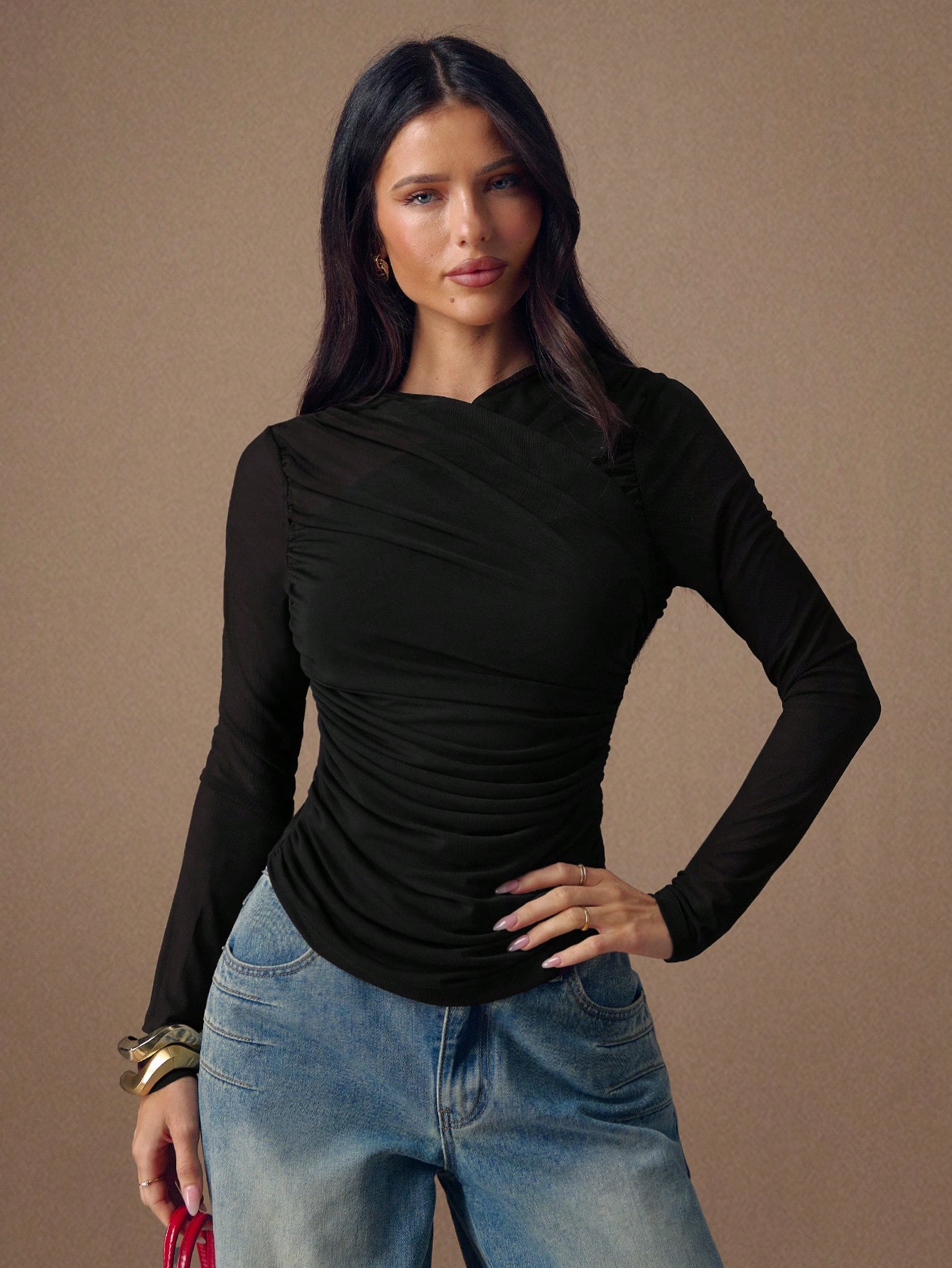 BAE T-shirt à manches longues plissé ajusté de couleur unie décontracté — vue 4