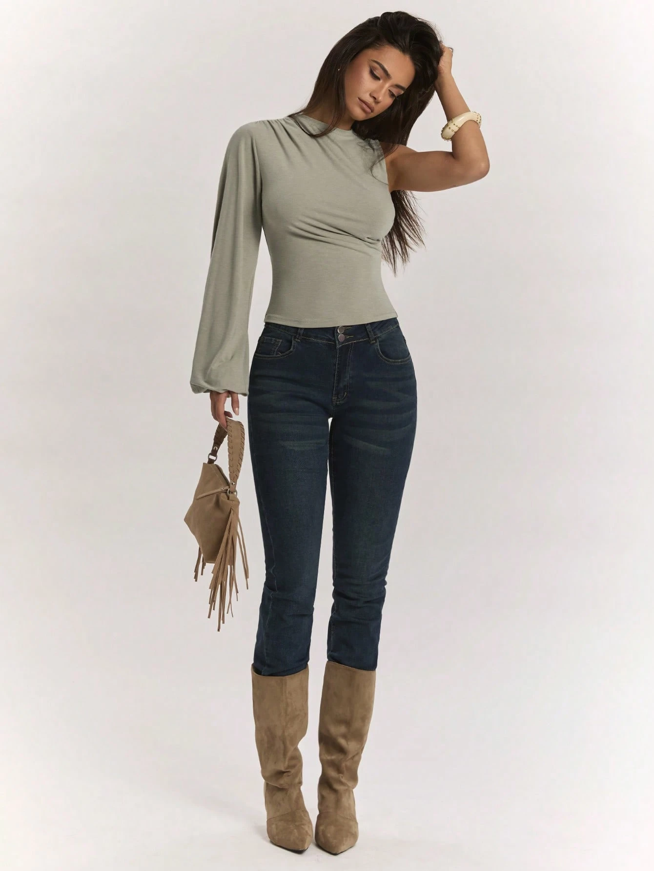 BAE Top tricoté élégant et sexy pour femmes, vert armée vert olive, froncé, asymétrique — vue 3