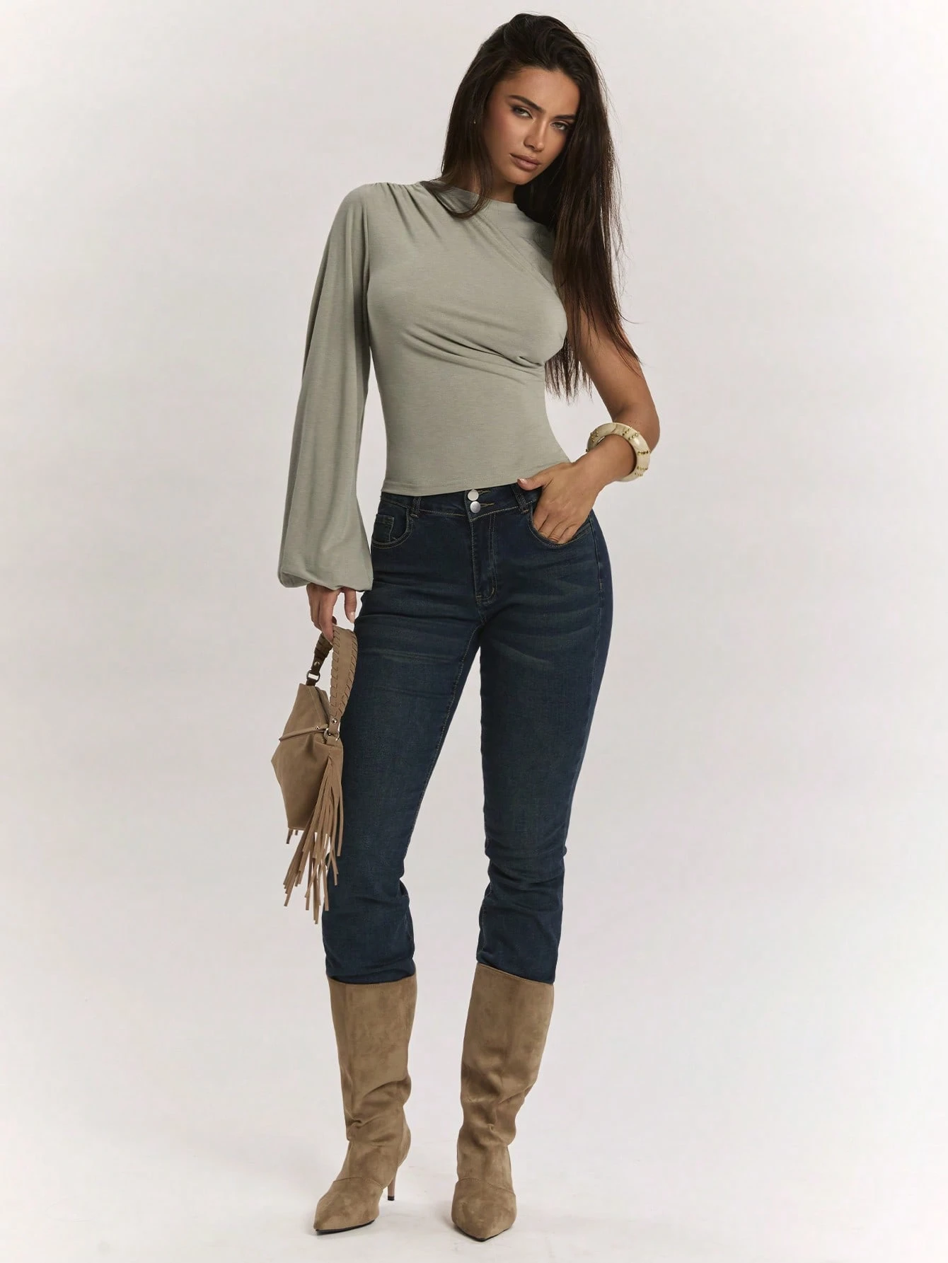 BAE Top tricoté élégant et sexy pour femmes, vert armée vert olive, froncé, asymétrique — vue 4