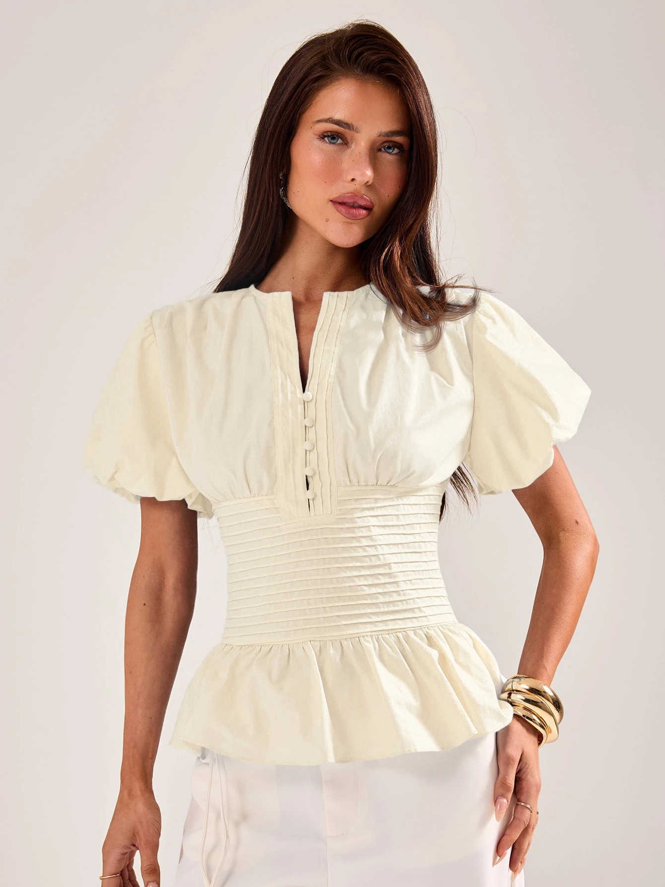 BAE Blouse élégante pour femmes, coupe slim, manches bouffantes à volants, bleu