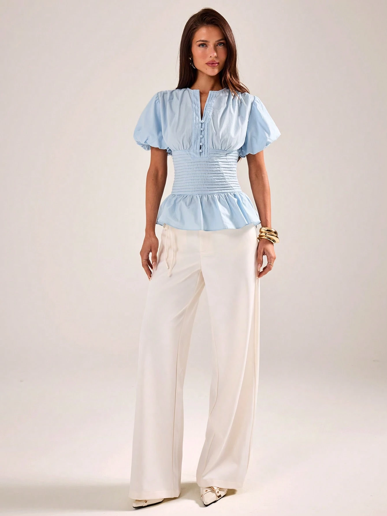 BAE Blouse élégante pour femmes, coupe slim, manches bouffantes à volants, bleu — vue 3