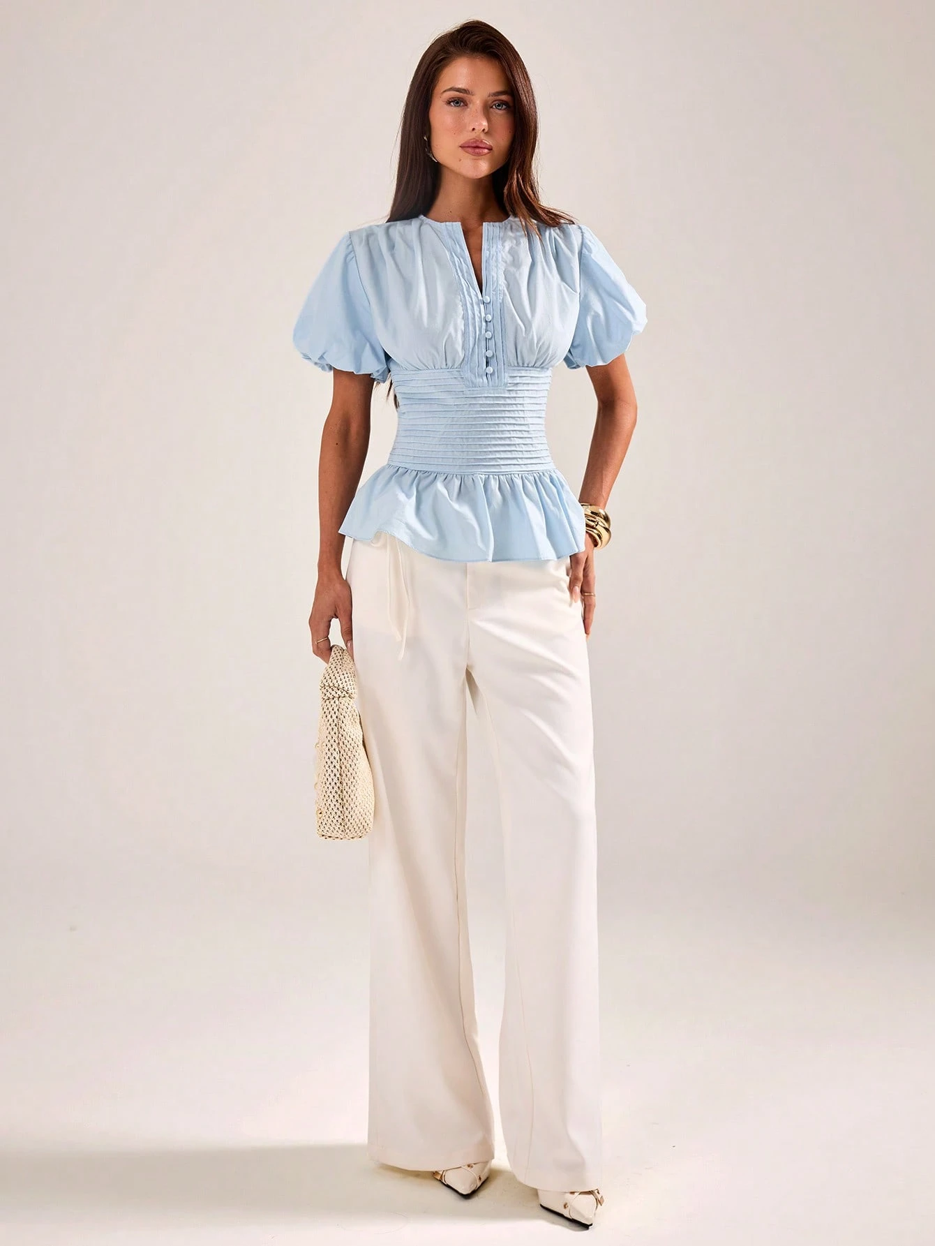 BAE Blouse élégante pour femmes, coupe slim, manches bouffantes à volants, bleu — vue 4