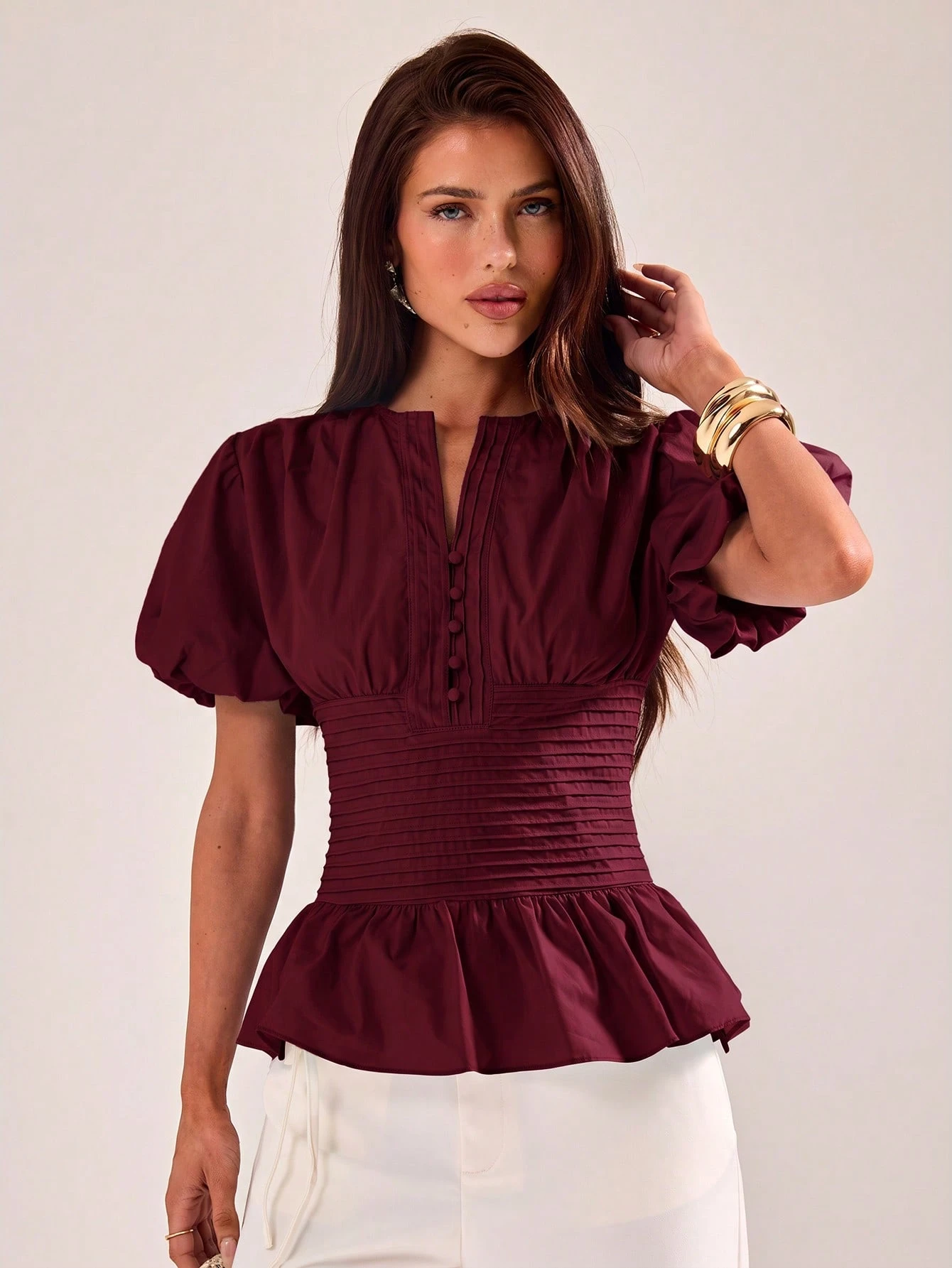 BAE Blouse élégante pour femmes, coupe slim, manches bouffantes à volants, bleu — vue 5