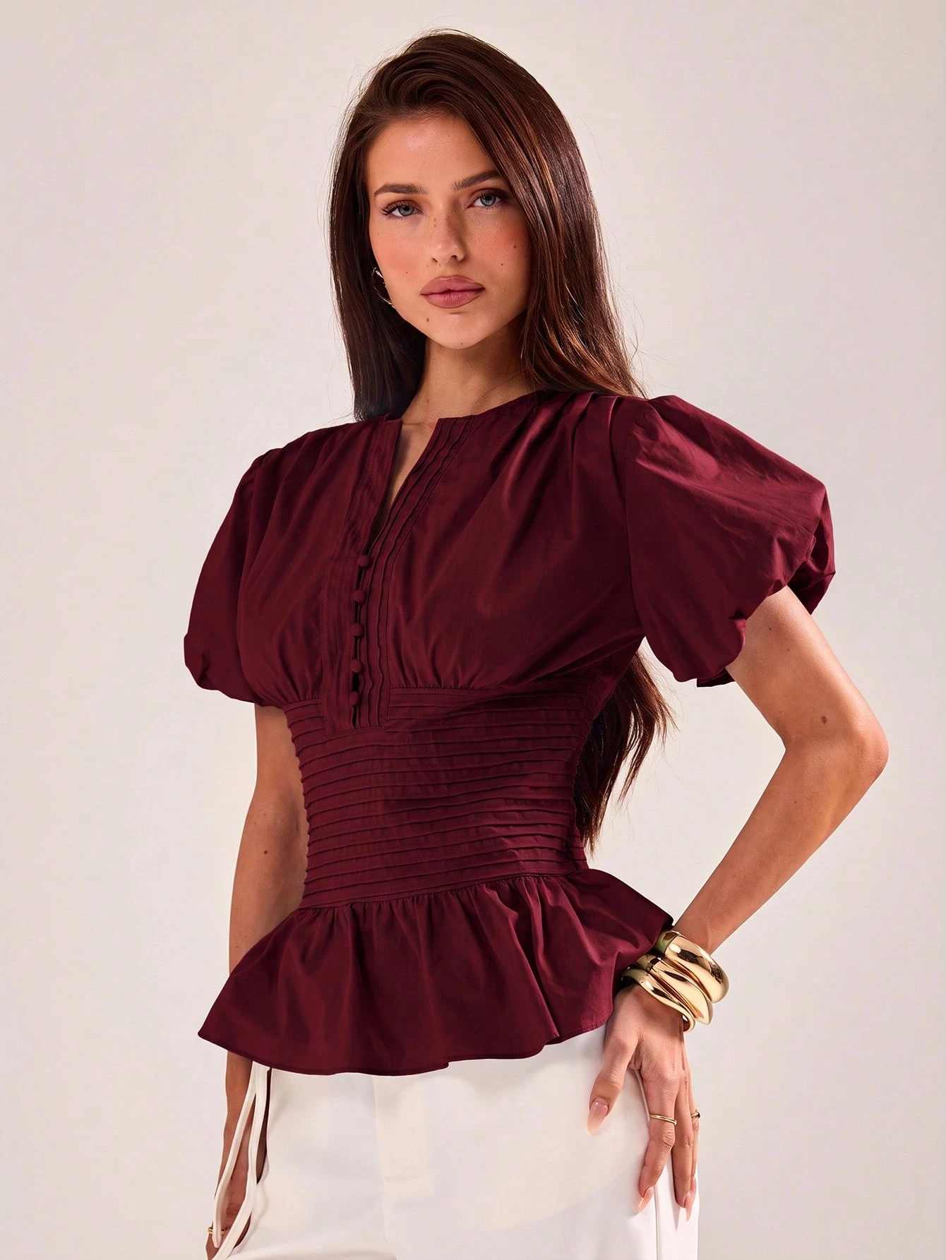 BAE Blouse élégante pour femmes, coupe slim, manches bouffantes à volants, bleu — vue 6