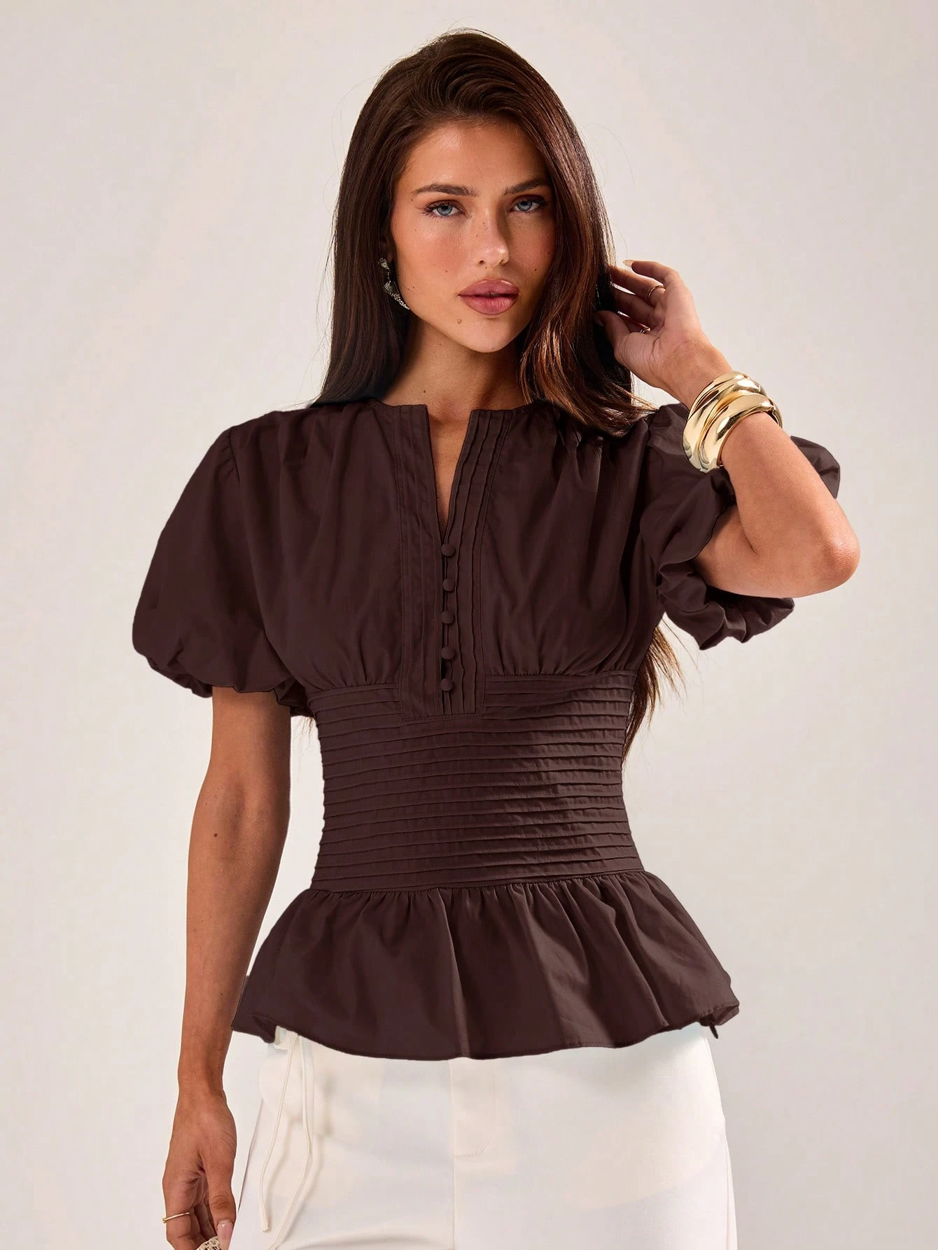 BAE Blouse élégante pour femmes, coupe slim, manches bouffantes à volants, bleu — vue 9