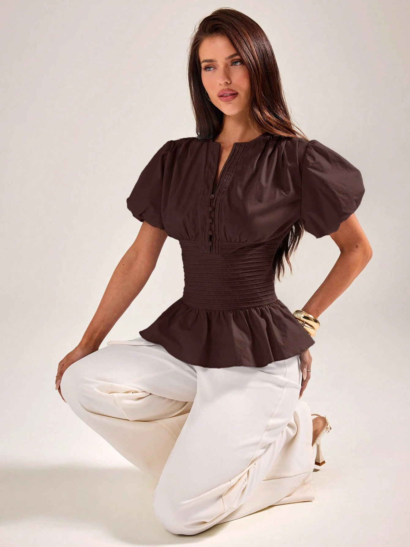 BAE Blouse élégante pour femmes, coupe slim, manches bouffantes à volants, bleu — vue 10