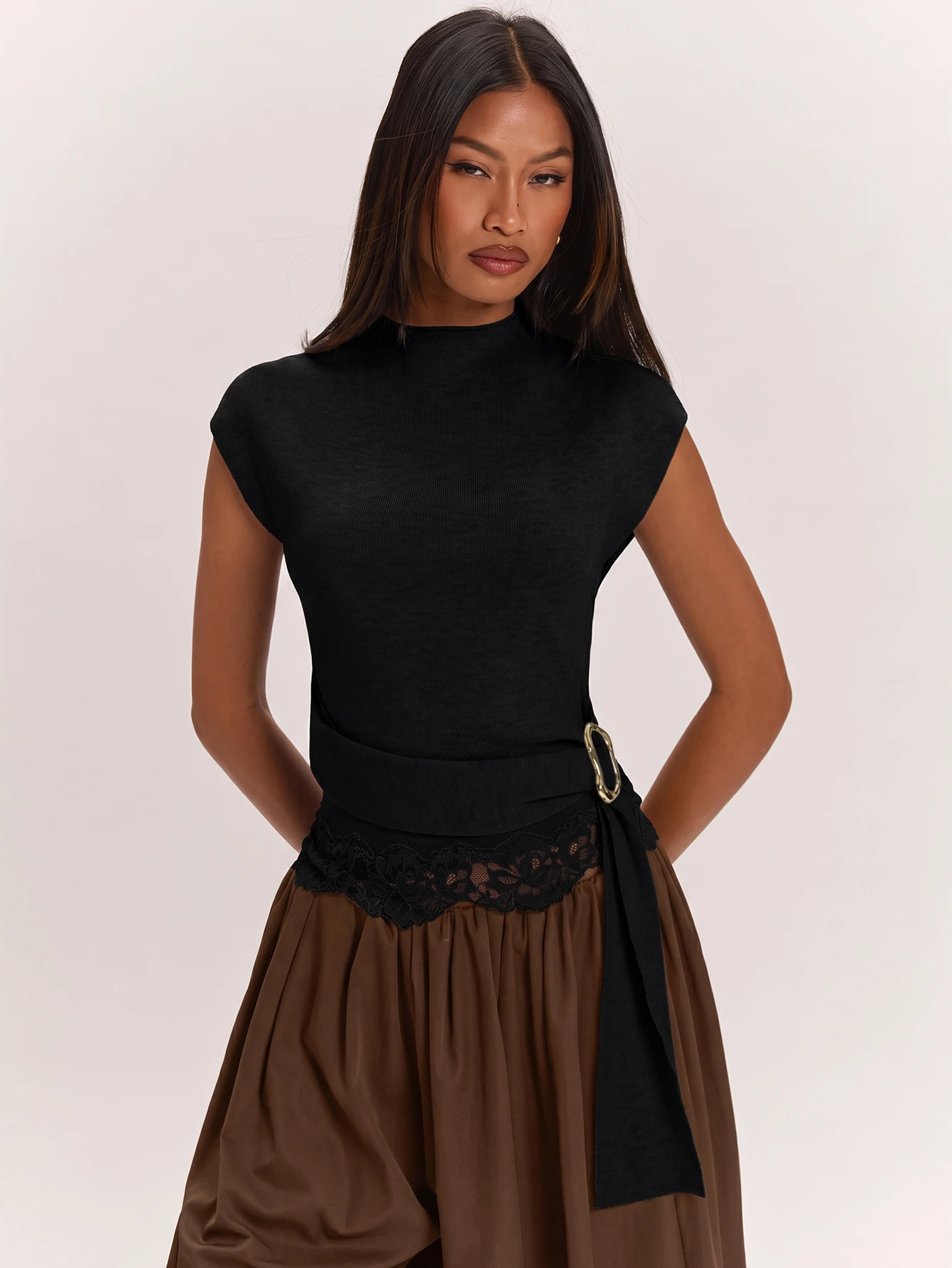 BAE Pull élégant minimaliste pour femme, col semi-montant, taille cintrée, style citadin