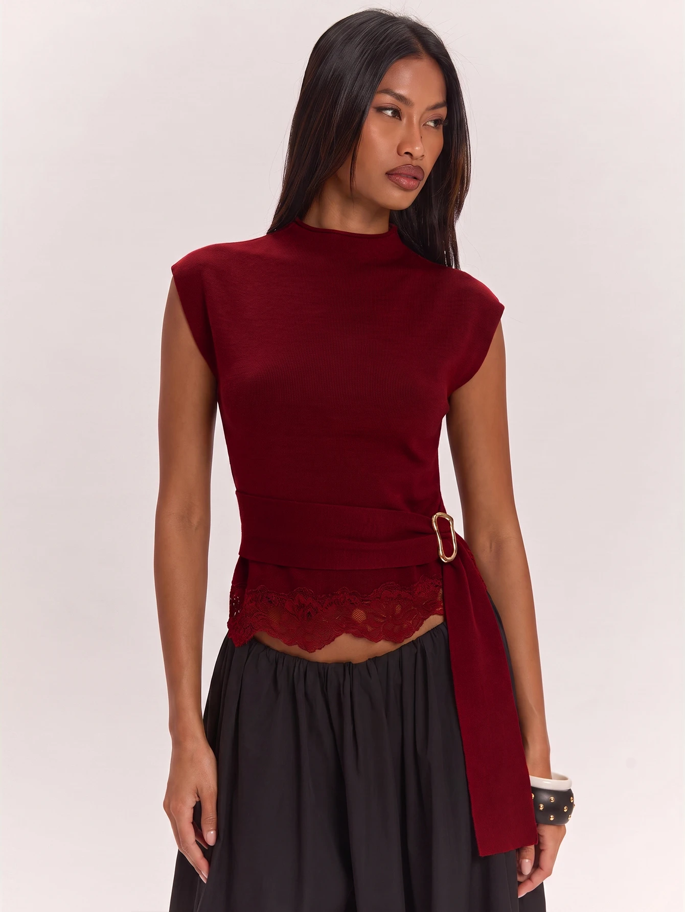 BAE Pull élégant minimaliste pour femme, col semi-montant, taille cintrée, style citadin — vue 4