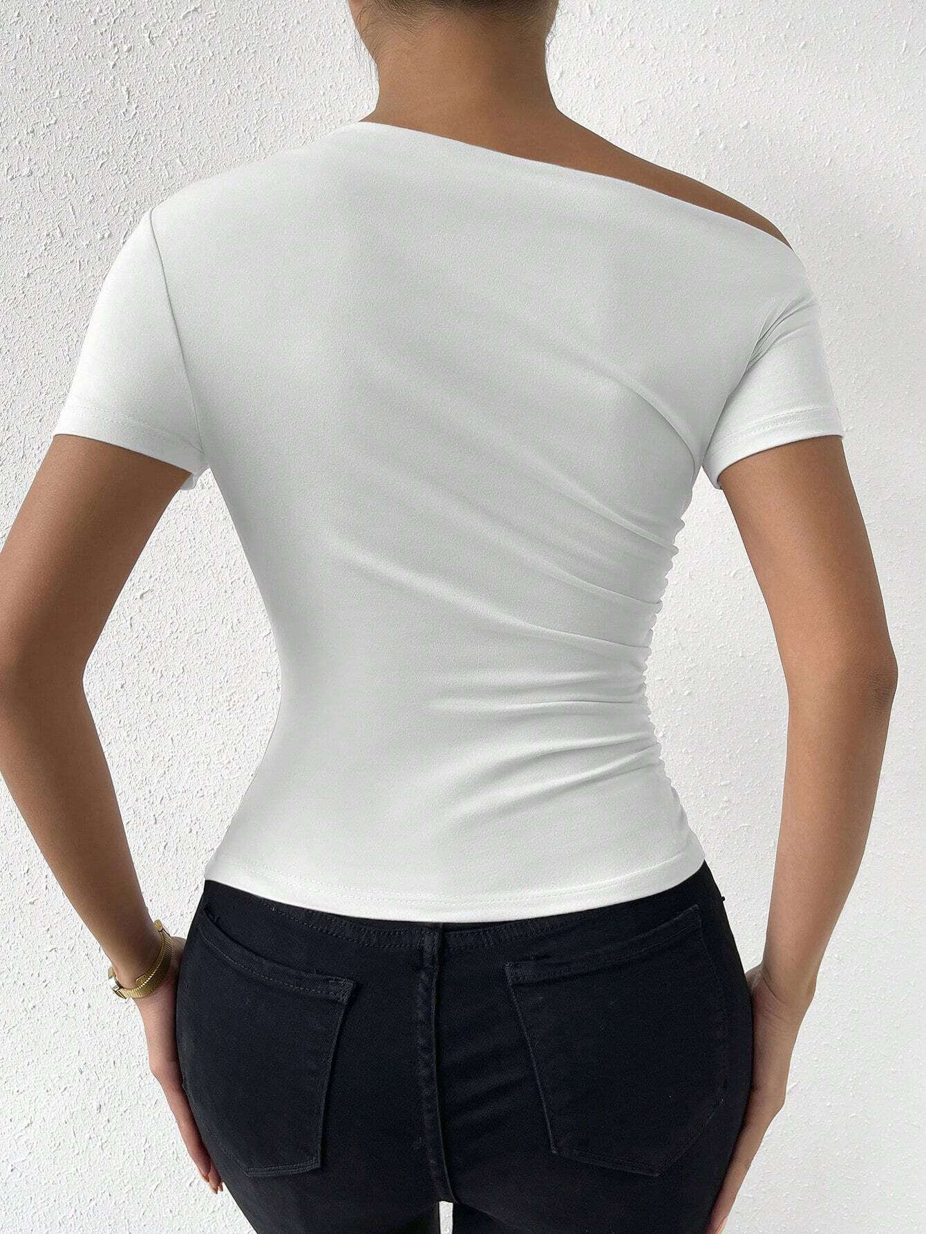 Elenzga T-shirt casual plissé à manches courtes avec épaule oblique de couleur unie — vue 2