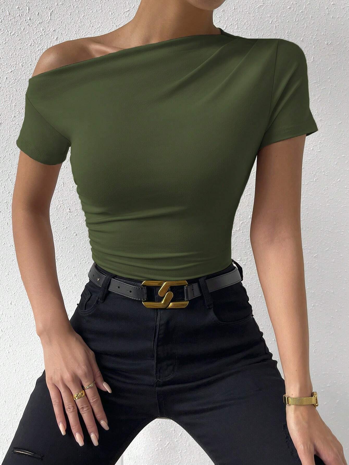 Elenzga T-shirt casual plissé à manches courtes avec épaule oblique de couleur unie — vue 3