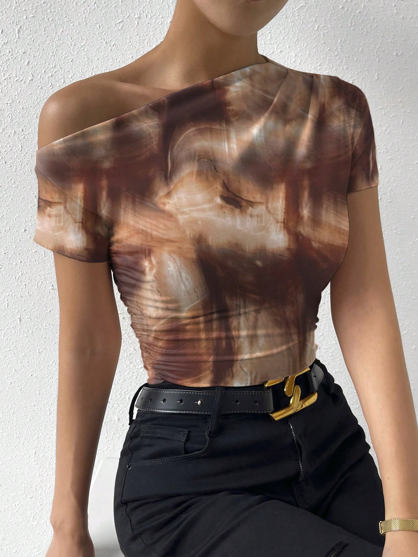 Elenzga T-shirt casual plissé à manches courtes avec épaule oblique de couleur unie — vue 12