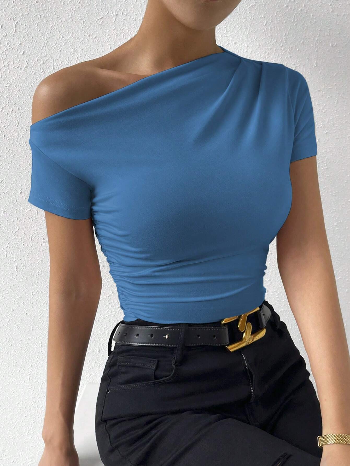 Elenzga T-shirt casual plissé à manches courtes avec épaule oblique de couleur unie — vue 18