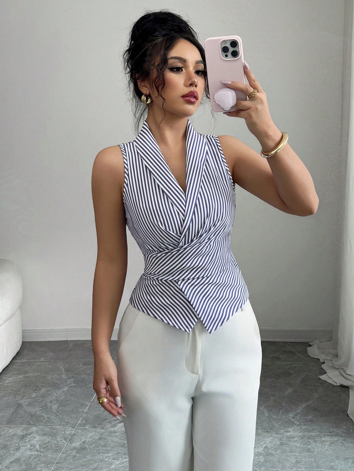 Selianne Blouse élégante et charmante pour femmes sans manches, col en V, taille cintrée avec nœud à nouer — vue 6