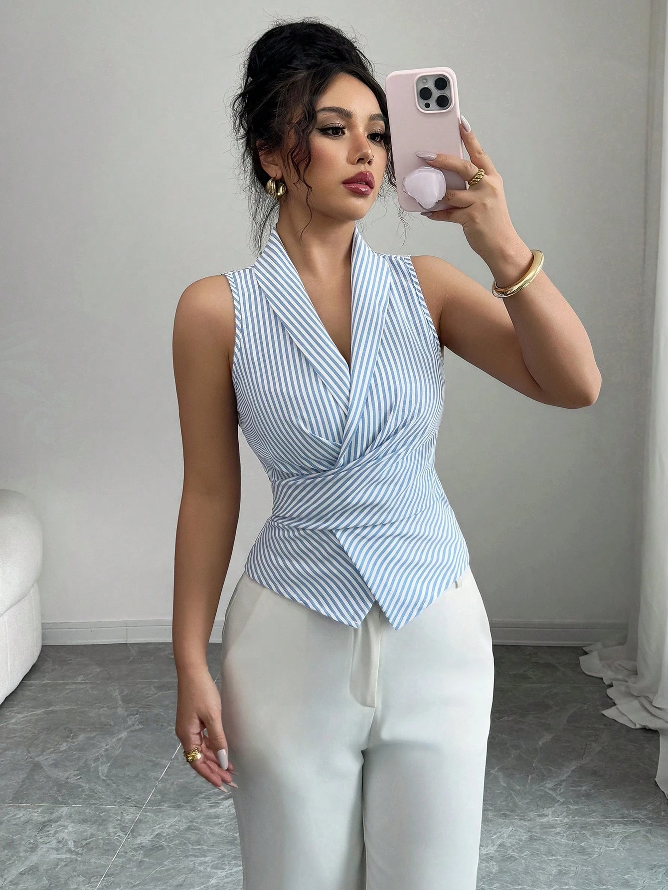 Selianne Blouse élégante et charmante pour femmes sans manches, col en V, taille cintrée avec nœud à nouer — vue 9