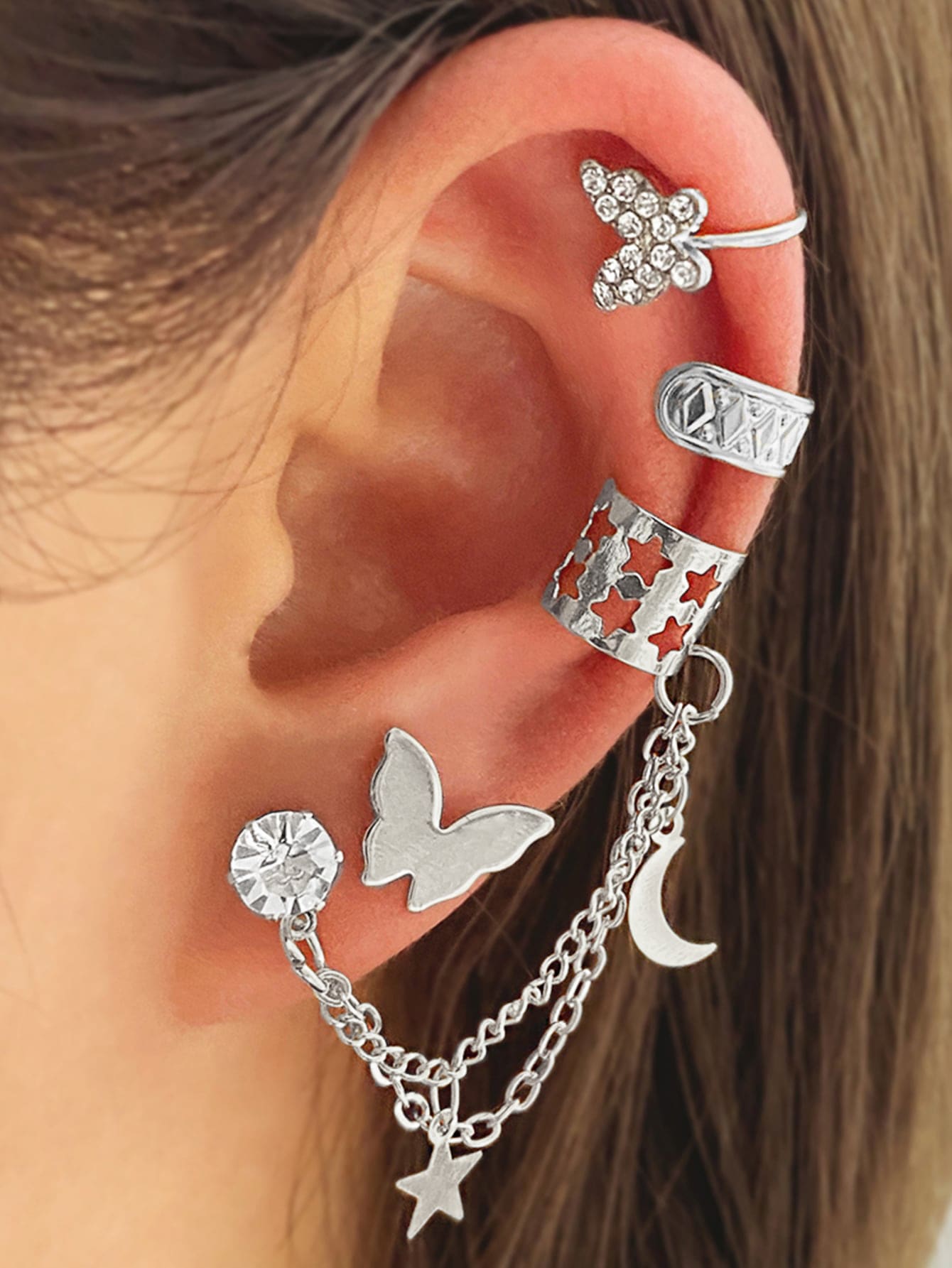 4 pièces Boucles d'oreilles décorées de strass en forme d'étoile et de papillon — vue 2
