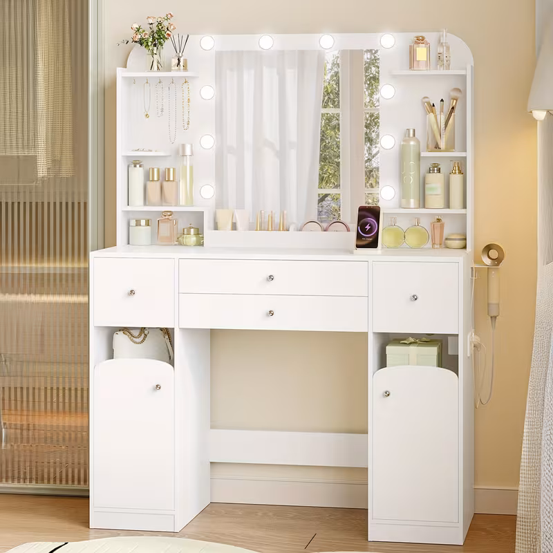 Coiffeuse avec Éclairage LED, Prise et Porte-Sèche-Cheveux, de 108 cm, 2 Grands Tiroirs avec Plateau à Bijoux, 2 Armoires, 40 x 108 x 144 cm,