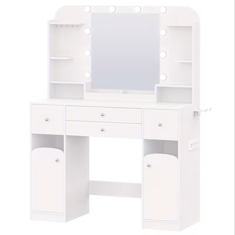 Coiffeuse avec Éclairage LED, Prise et Porte-Sèche-Cheveux, de 108 cm, 2 Grands Tiroirs avec Plateau à Bijoux, 2 Armoires, 40 x 108 x 144 cm, — vue 2